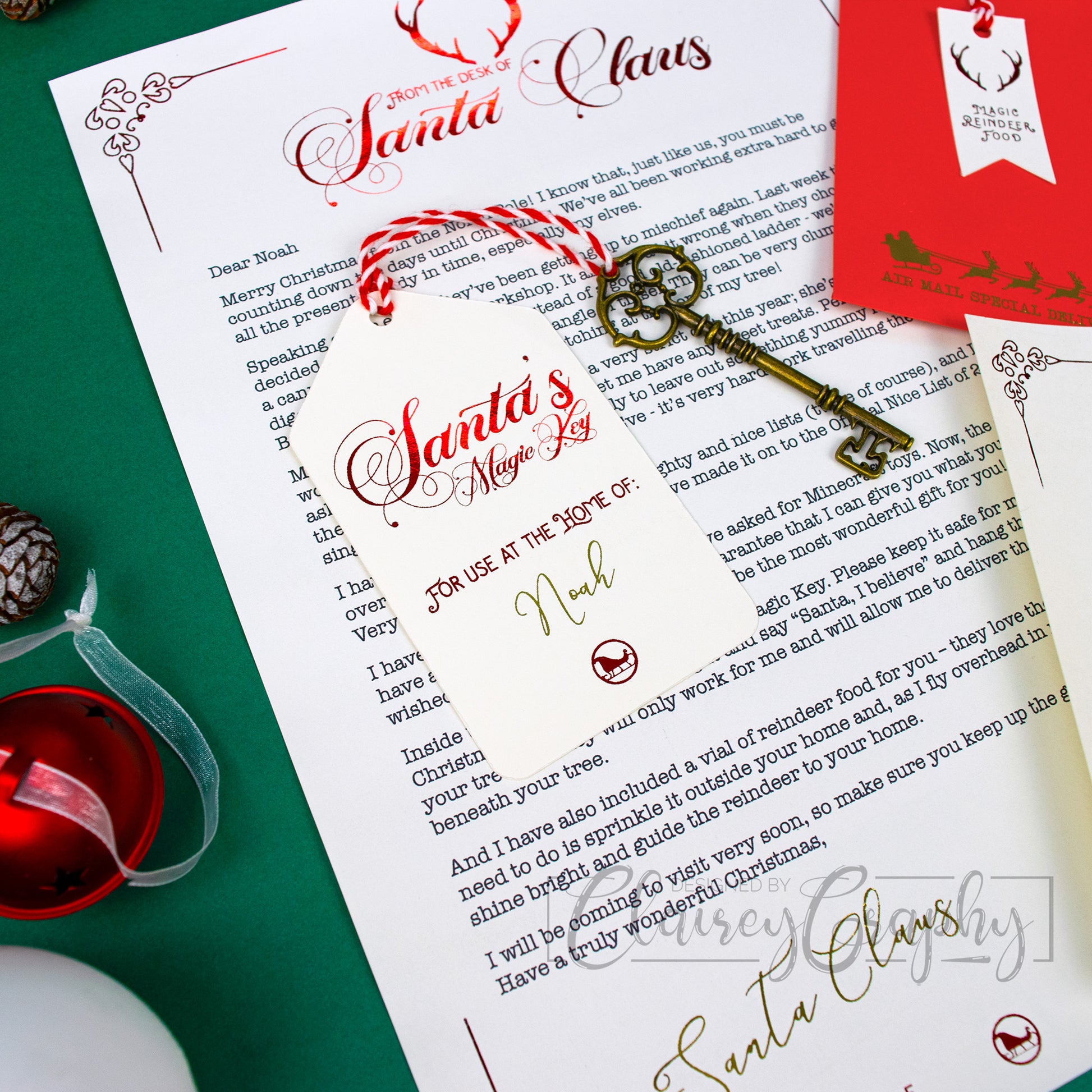 Santa's Personalised Magic Key. Printed on smooth ivory card stock and foiled in a stunning red and gold, each key is personalised to the child/household. Featuring a poem on the reverse, the tag is attached to the magic key with bright red and white baker's twine.