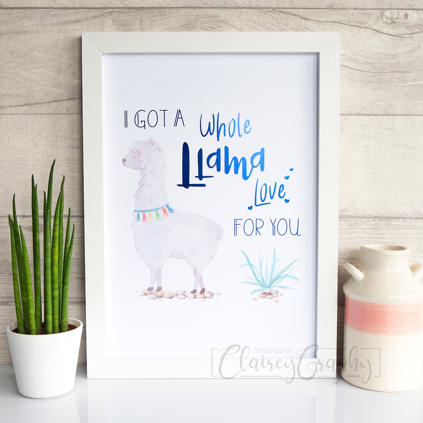 Llama Love - royal blue foil. Handmade foil print by ClaireyGraphy, printed by Bright Bear Designs