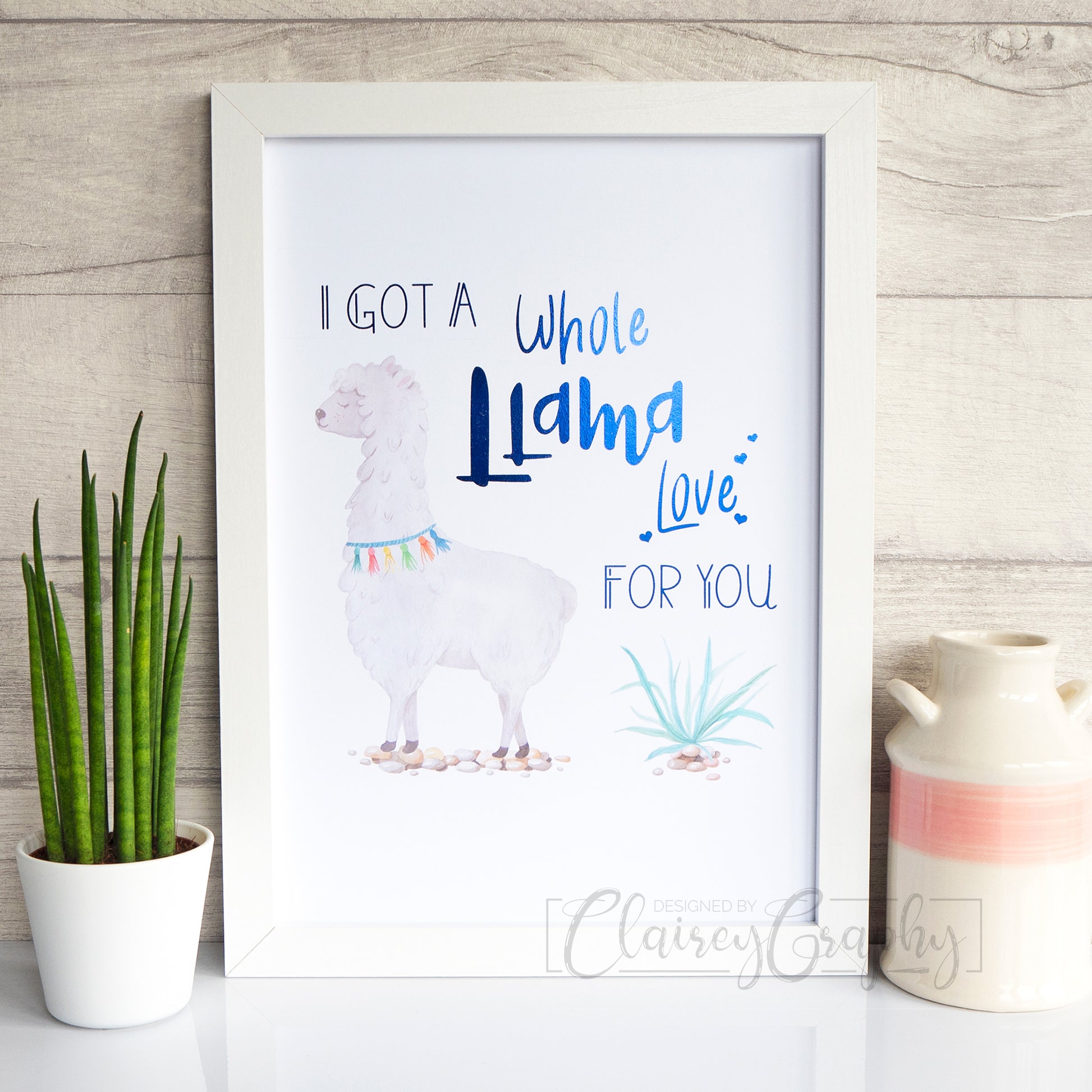 Llama Love - royal blue foil. Handmade foil print by ClaireyGraphy, printed by Bright Bear Designs