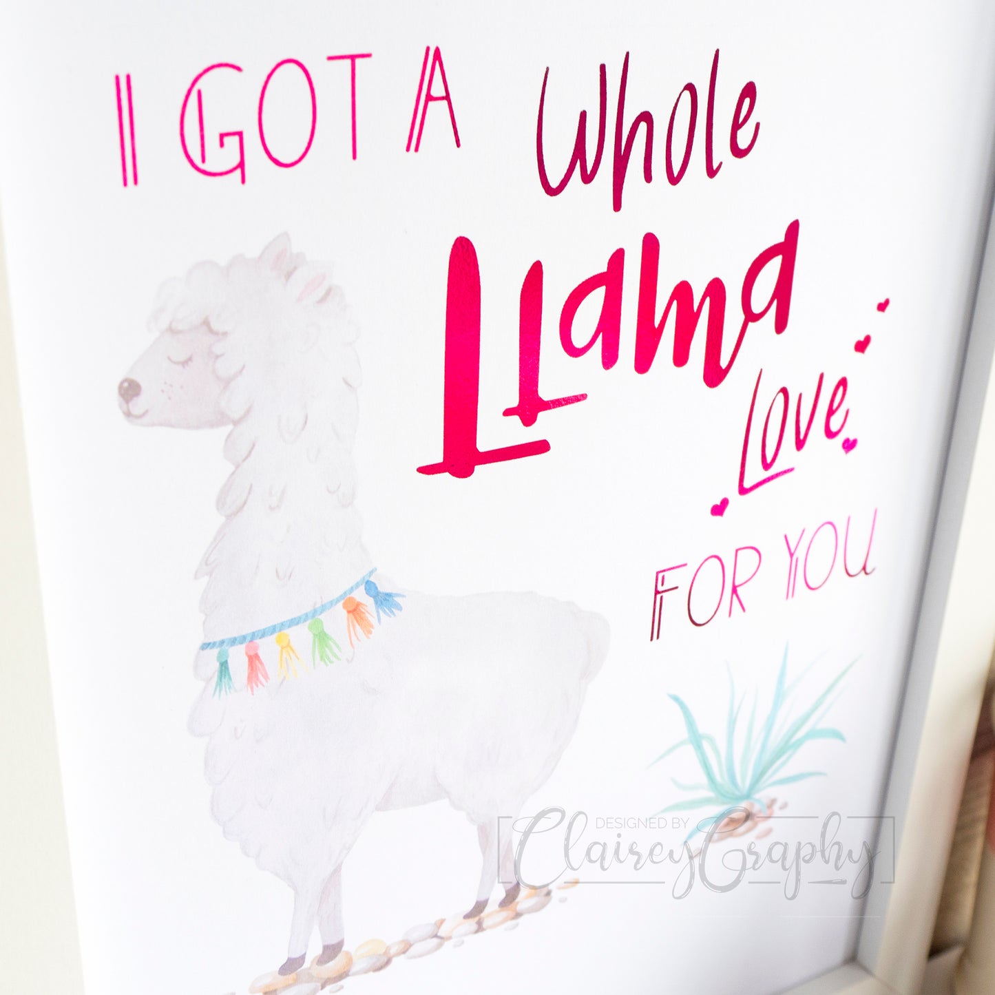 Llama Love - hot pink foil, detail. Handmade foil print by ClaireyGraphy, printed by Bright Bear Designs