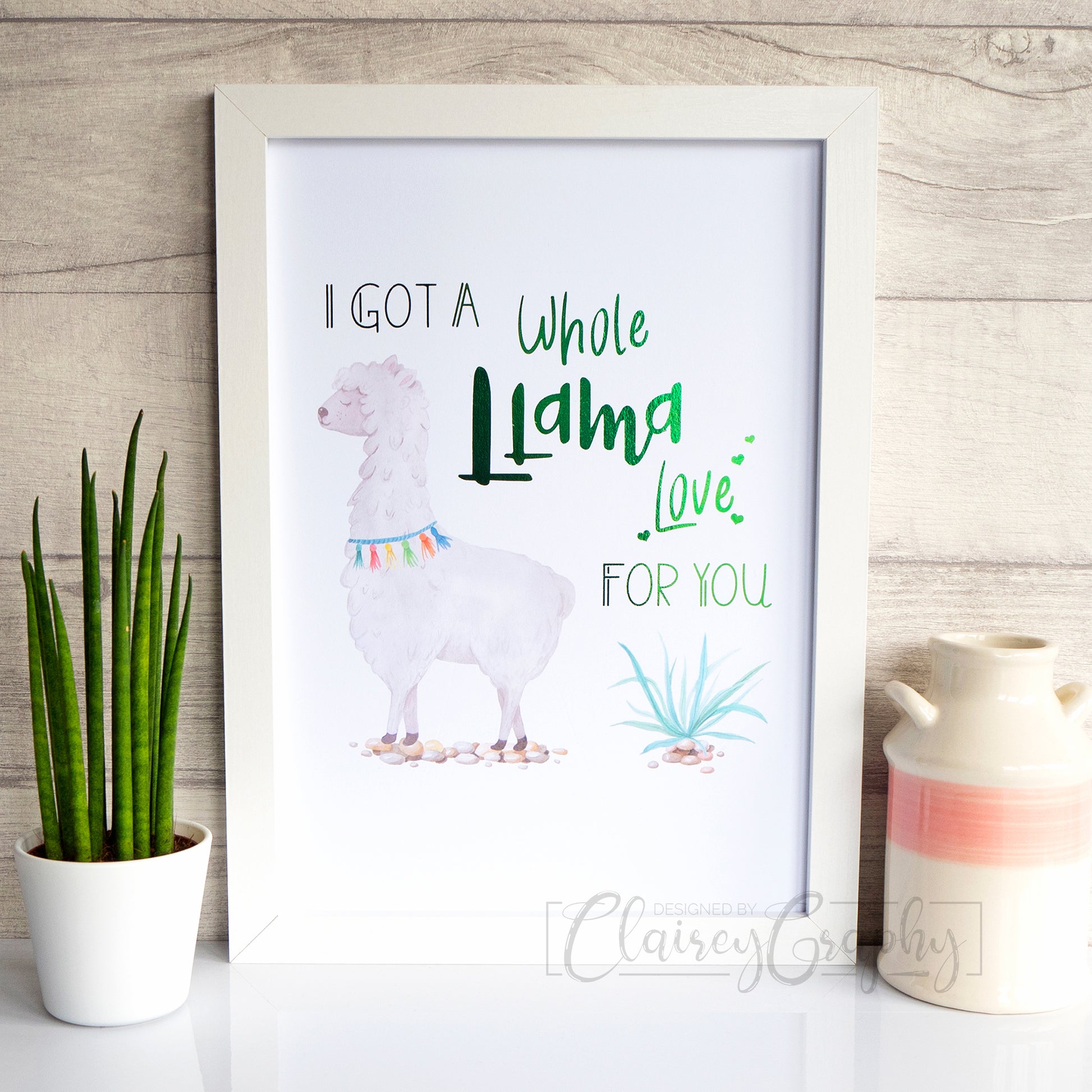 Llama Love - emerald green foil. Handmade foil print by ClaireyGraphy, printed by Bright Bear Designs