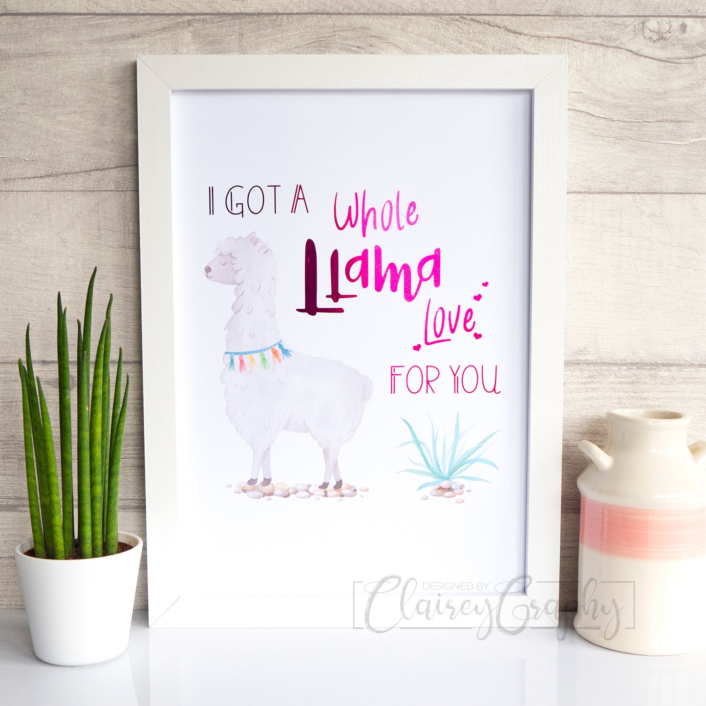 Llama Love - hot pink foil. Handmade foil print by ClaireyGraphy, printed by Bright Bear Designs