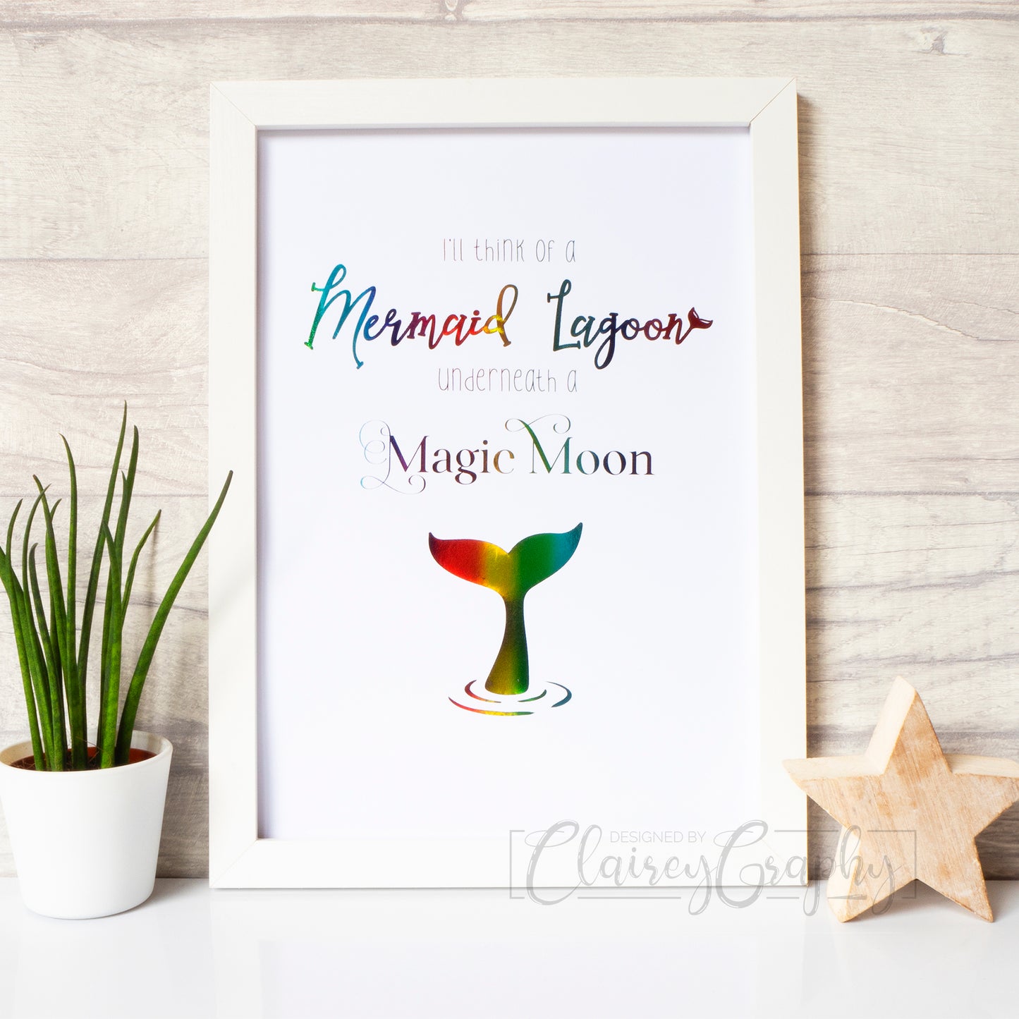 Mermaid Lagoon - Rainbow on white. Handmade foil print by ClaireyGraphy, printed by Bright Bear Designs