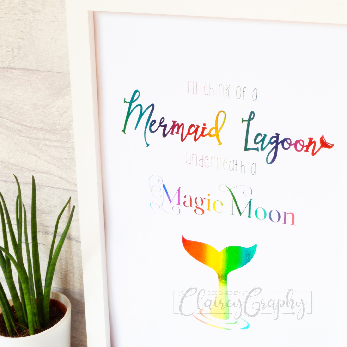 Mermaid Lagoon - Rainbow on white, side view. Handmade foil print by ClaireyGraphy, printed by Bright Bear Designs