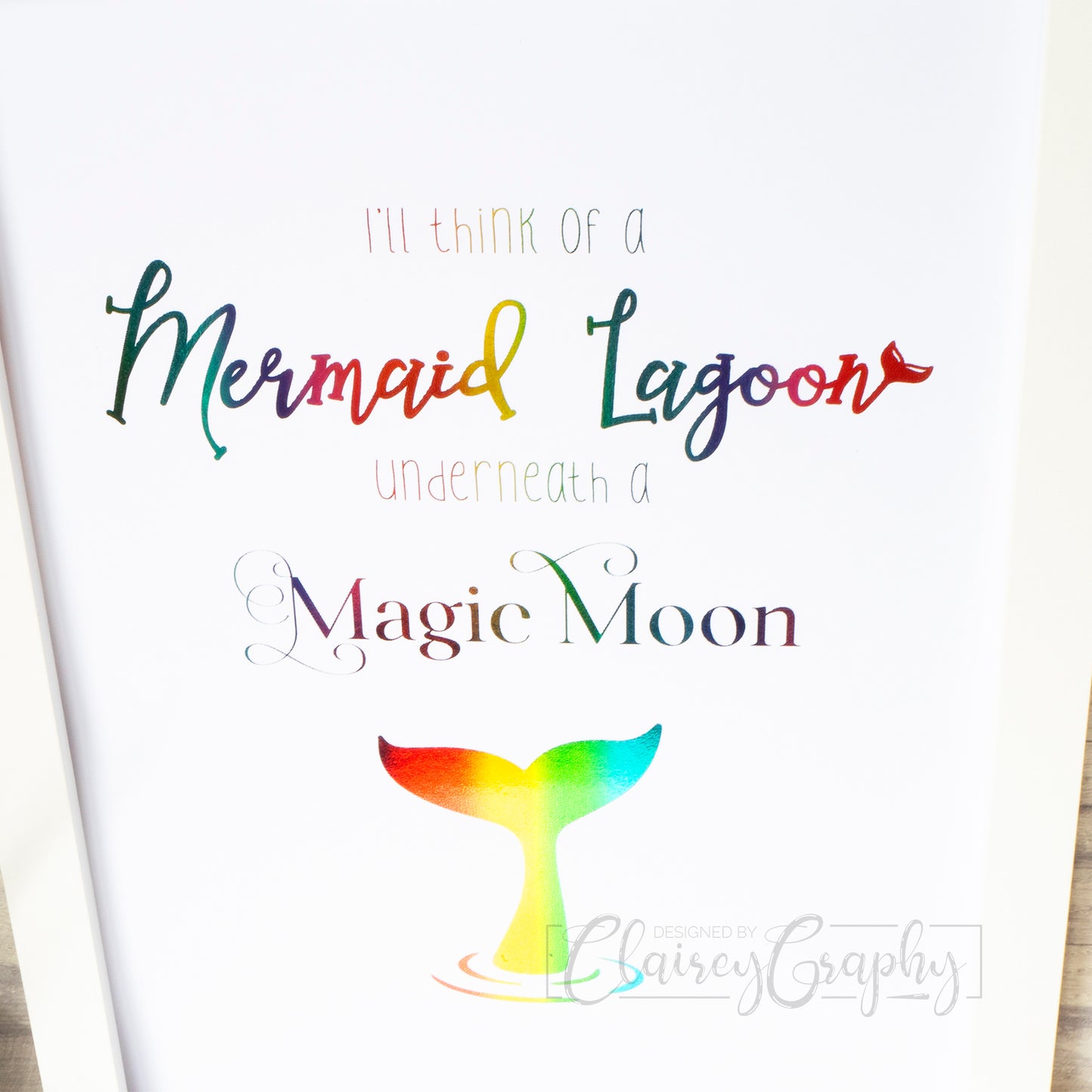 Mermaid Lagoon - Rainbow on white, top view. Handmade foil print by ClaireyGraphy, printed by Bright Bear Designs