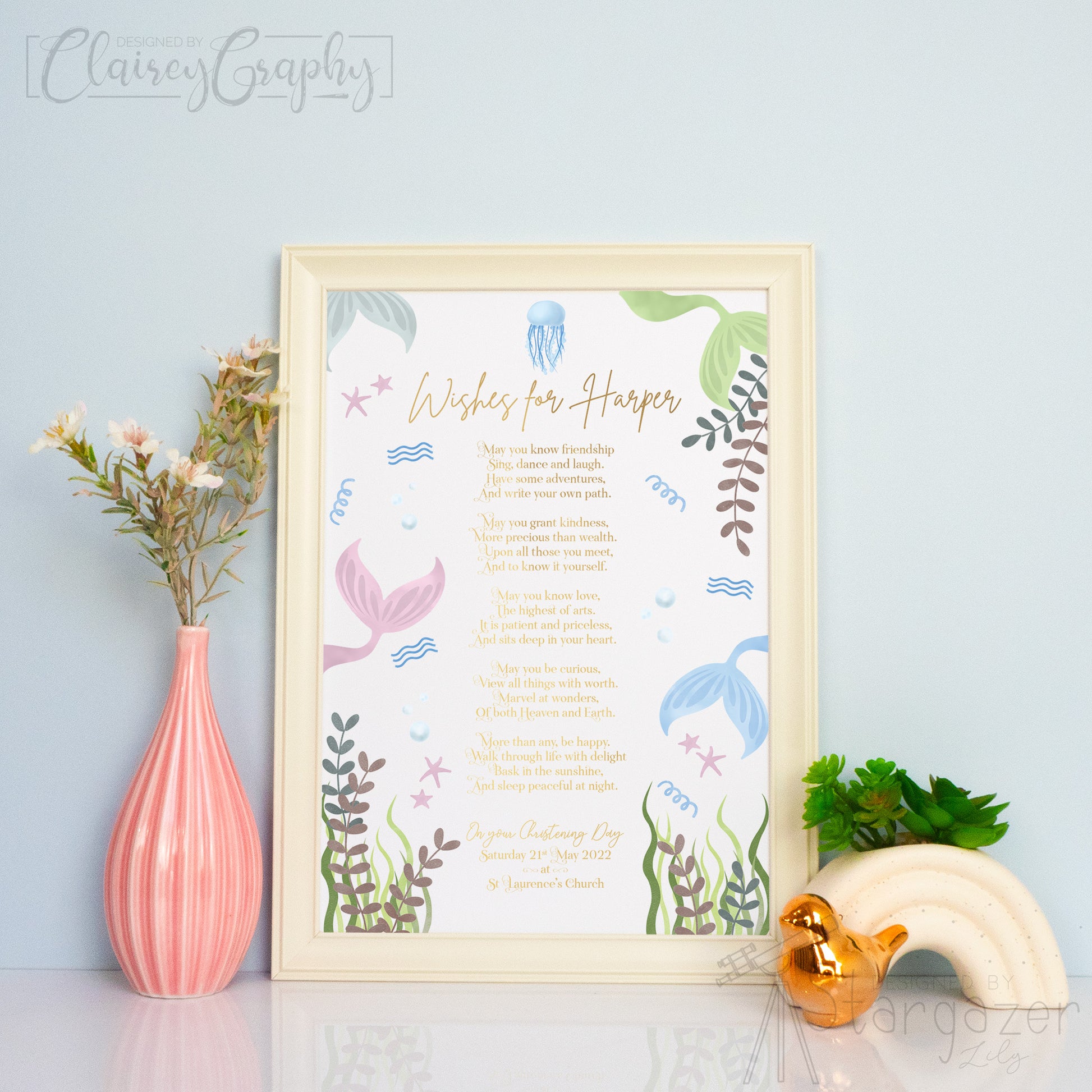 Wishes for Children Gold Foil Print with a Watercolour Mermaid frame