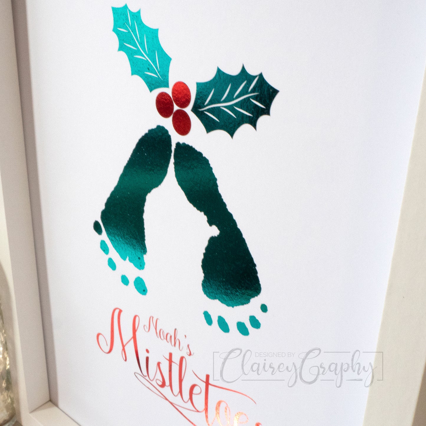 Mistletoes Christmas Footprints - green, red, close up. Personalised handmade foil print by ClaireyGraphy, printed by Bright Bear Designs