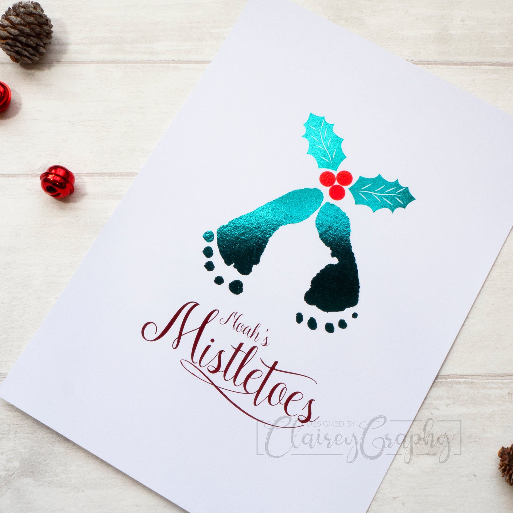 Mistletoes Christmas Footprints - green, red, unframed flat lay. Personalised handmade foil print by ClaireyGraphy, printed by Bright Bear Designs