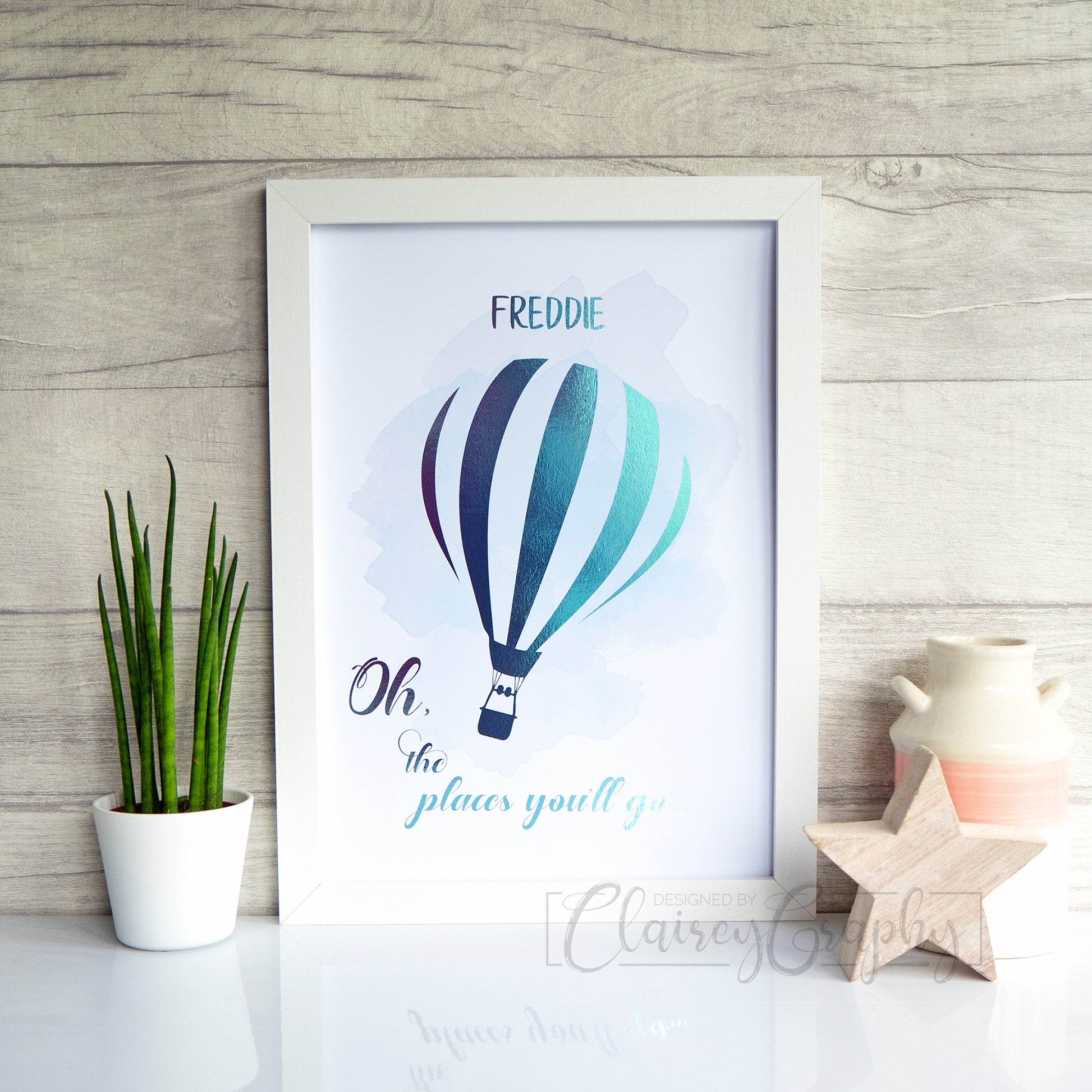 Oh, the places you'll go - Personalised, blue on watercolour. Handmade foil print by ClaireyGraphy, printed by Bright Bear Designs