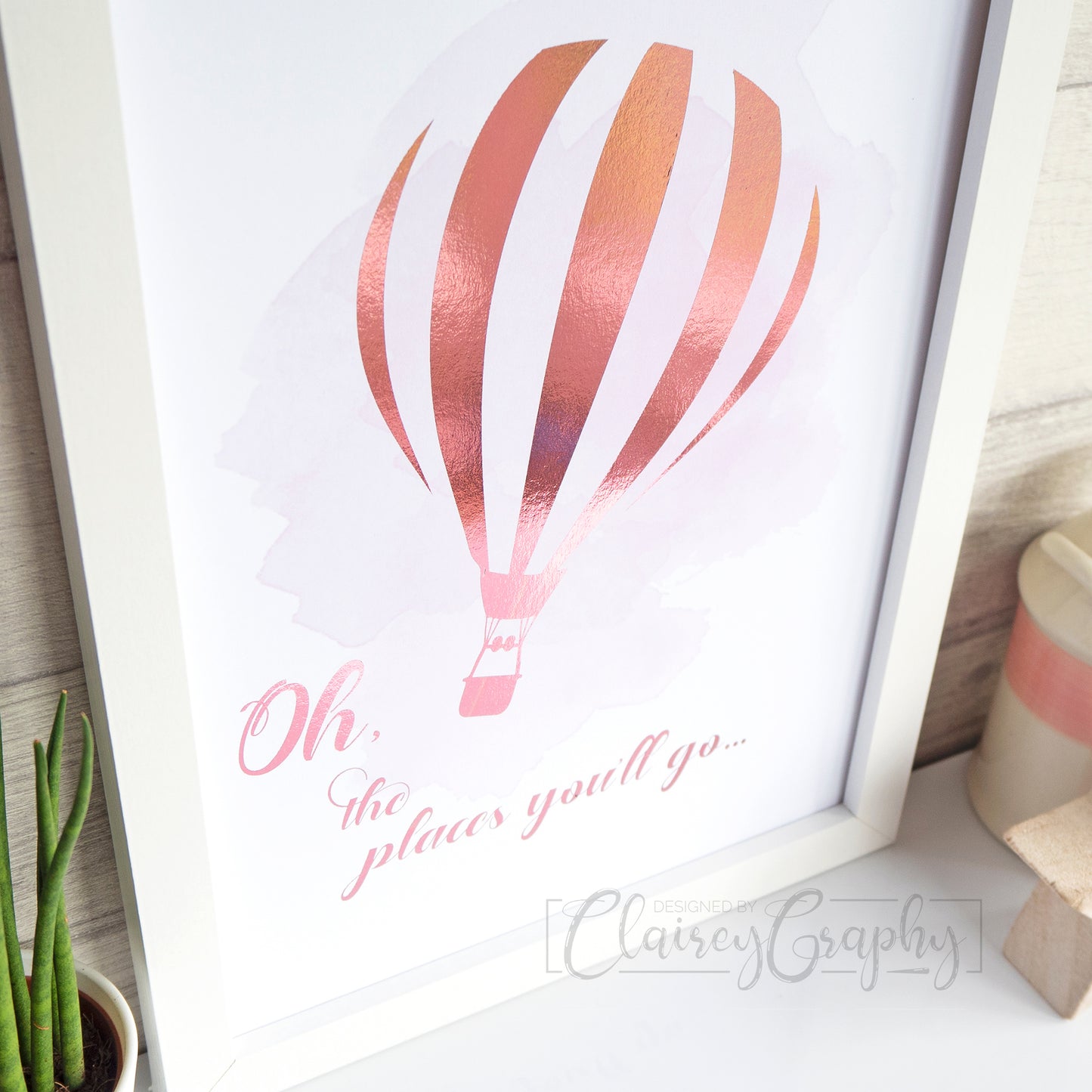 Oh, the places you'll go - pink on watercolour, side view. Handmade foil print by ClaireyGraphy, printed by Bright Bear Designs