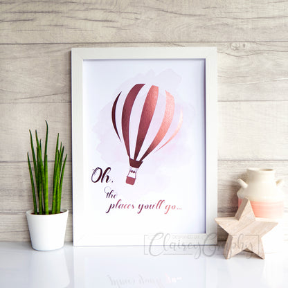 Oh, the places you'll go - pink on watercolour. Handmade foil print by ClaireyGraphy, printed by Bright Bear Designs