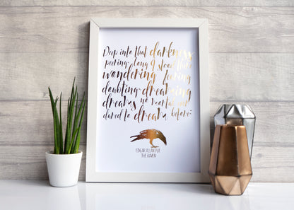 The Raven - gold on white. Handmade foil print by Bright Bear Designs