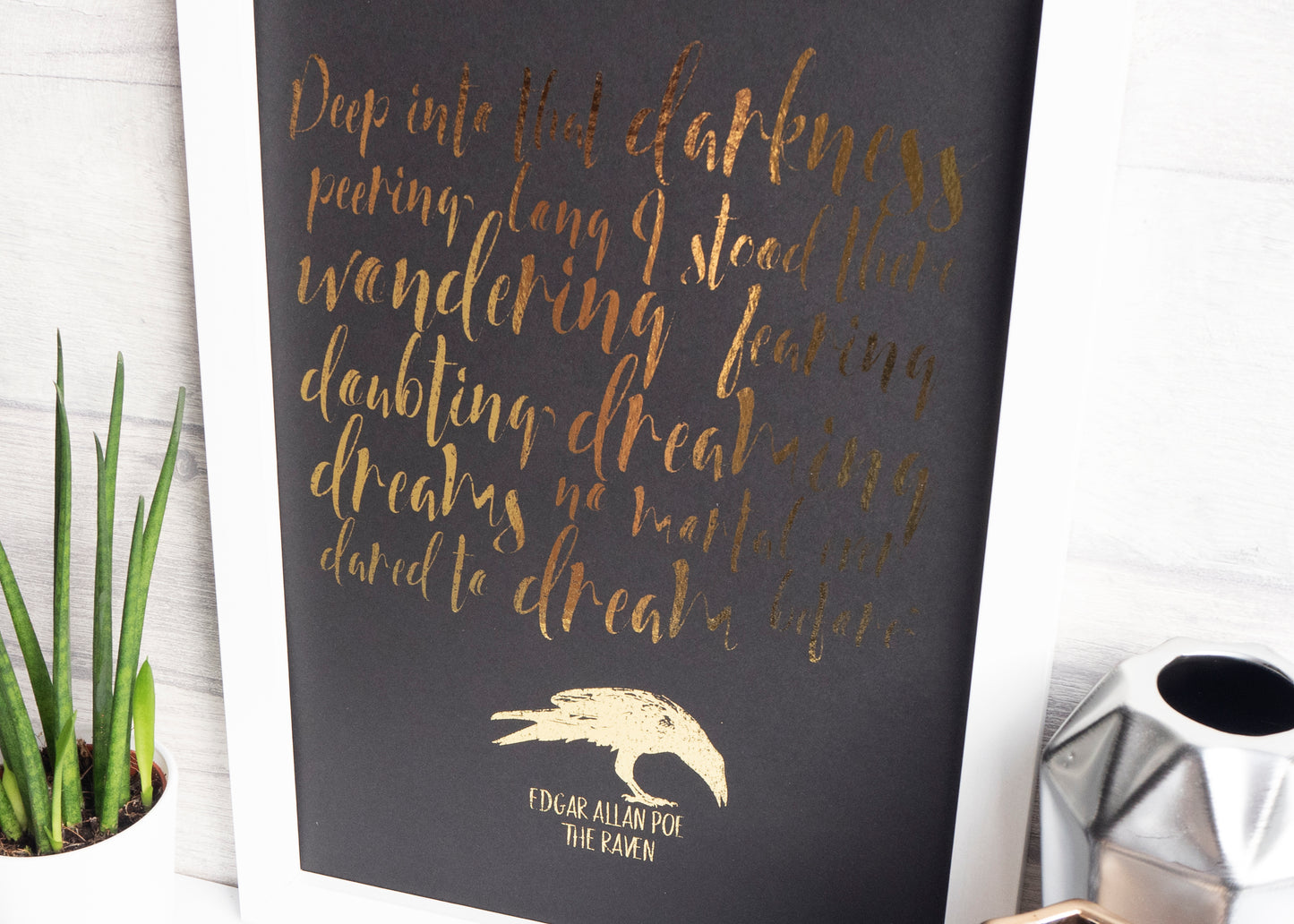 The Raven - gold on black, side view. Handmade foil print by Bright Bear Designs