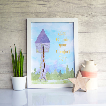 Step Outside Your Comfort Zone - Gold on watercolour. Handmade foil print by Bright Bear Designs