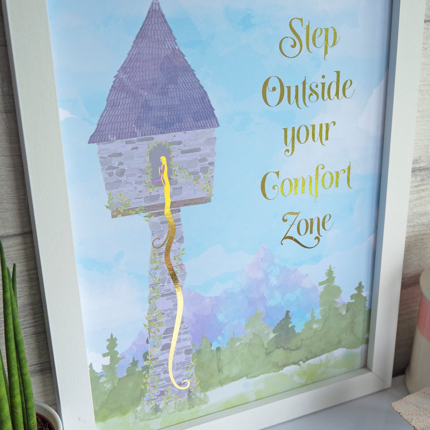 Step Outside Your Comfort Zone - Gold on watercolour, side view. Handmade foil print by Bright Bear Designs