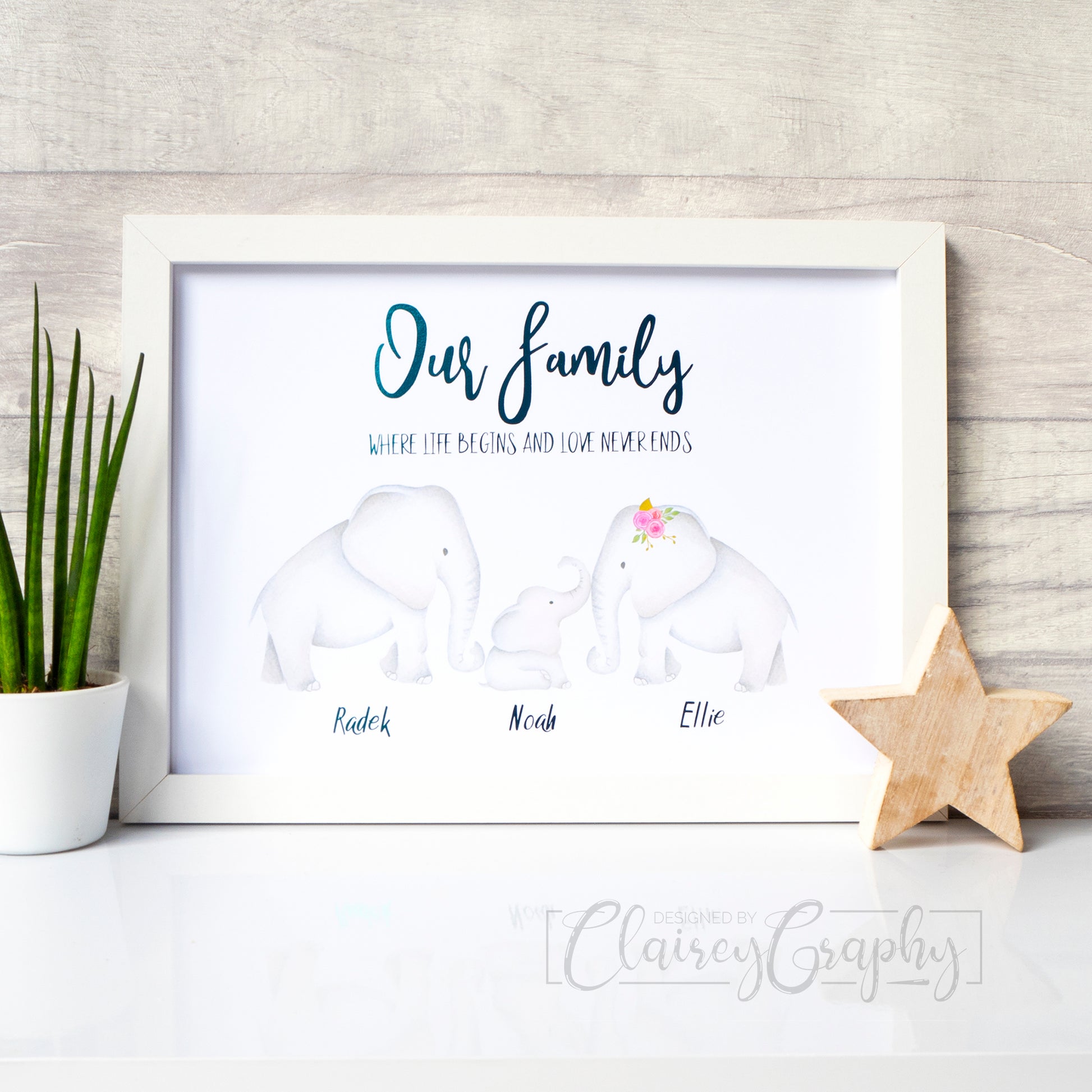 Elephant Family - Family of 3 in teal. Personalised foil print by ClaireyGraphy, printed by Bright Bear Designs