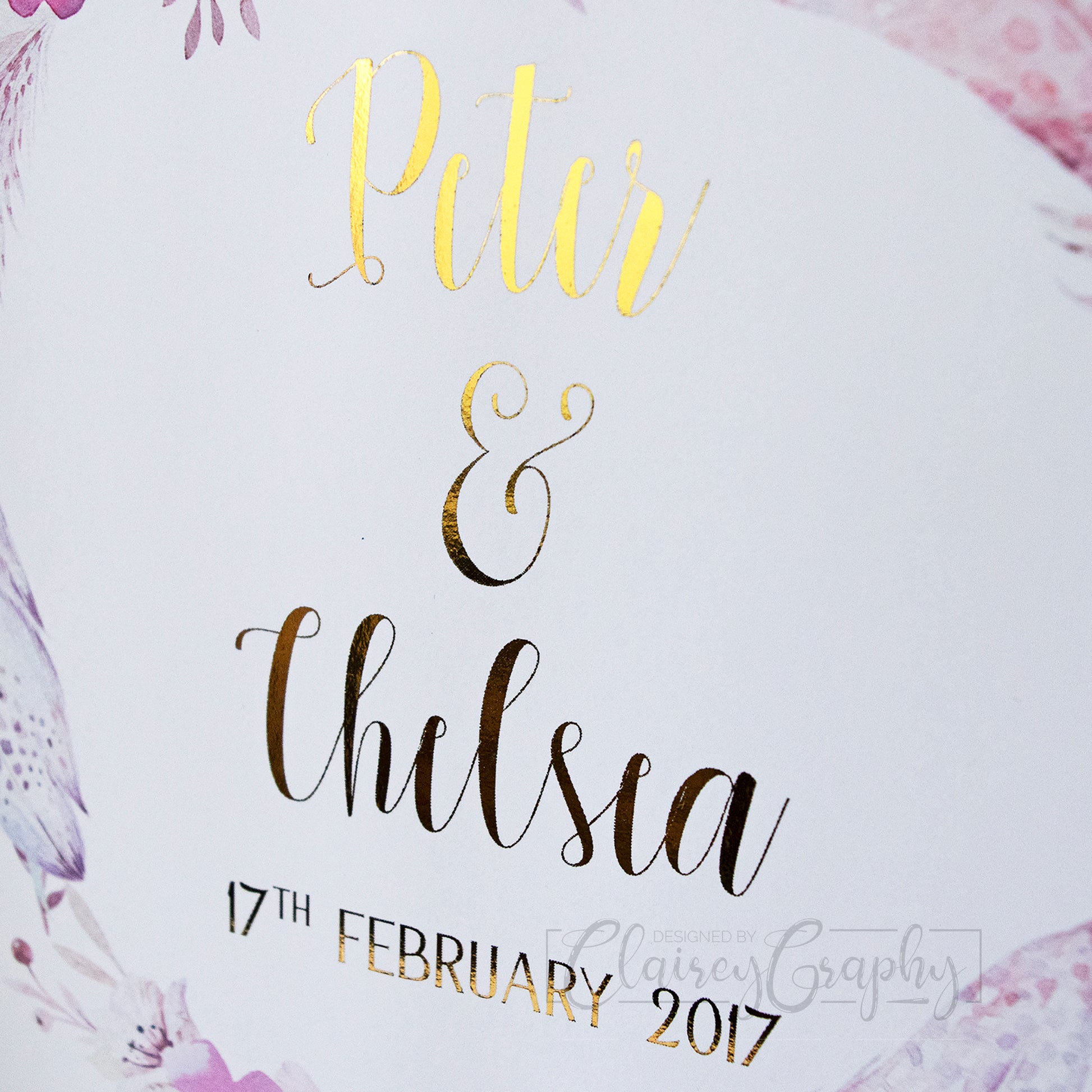 Personalised Feather Wreath - gold on watercolour, text detail. Custom foil print by ClaireyGraphy, printed byBright Bear Designs