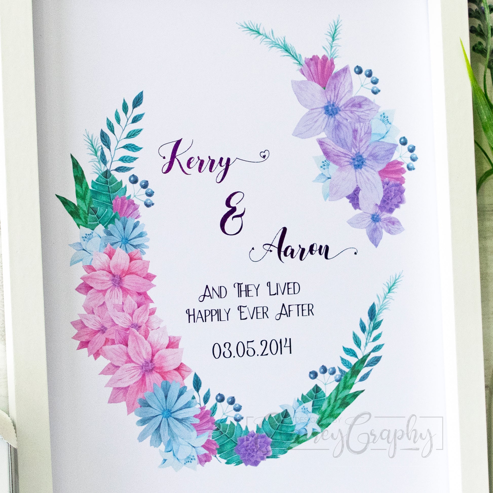 Personalised Floral Oval Wreath - purple, close up. Personalised custom handmade foil print by ClaireyGraphy, printed by Bright Bear Designs