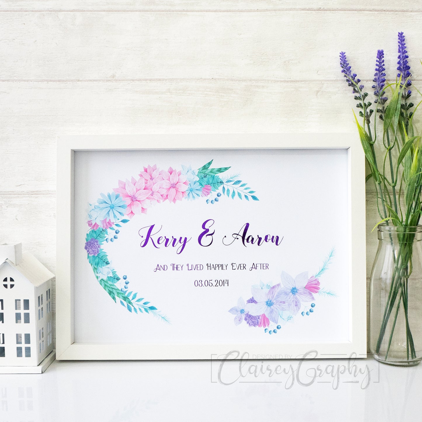 Personalised Floral Oval Wreath - purple, Landscape option. Personalised custom handmade foil print by ClaireyGraphy, printed by Bright Bear Designs