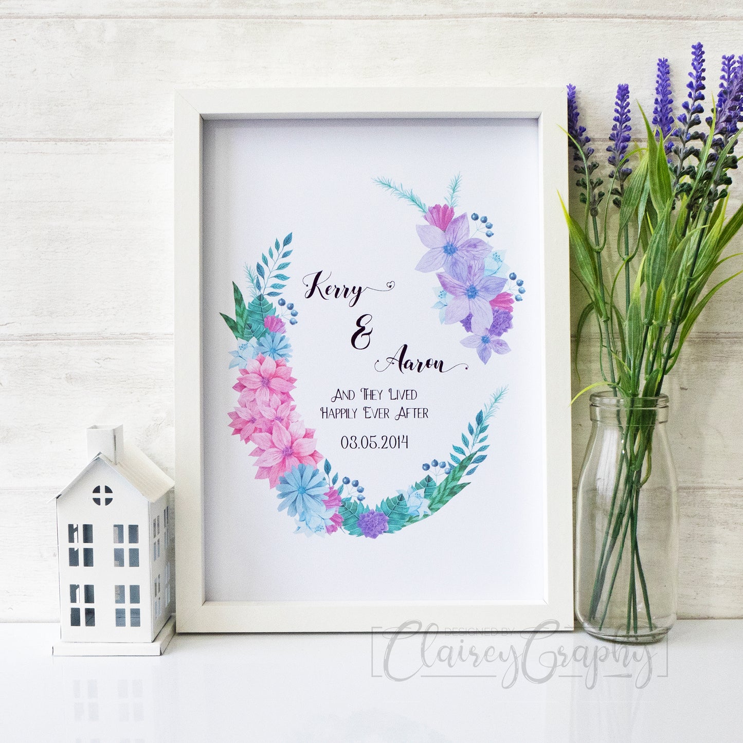 Personalised Floral Oval Wreath - purple. Personalised custom handmade foil print by ClaireyGraphy, printed by Bright Bear Designs