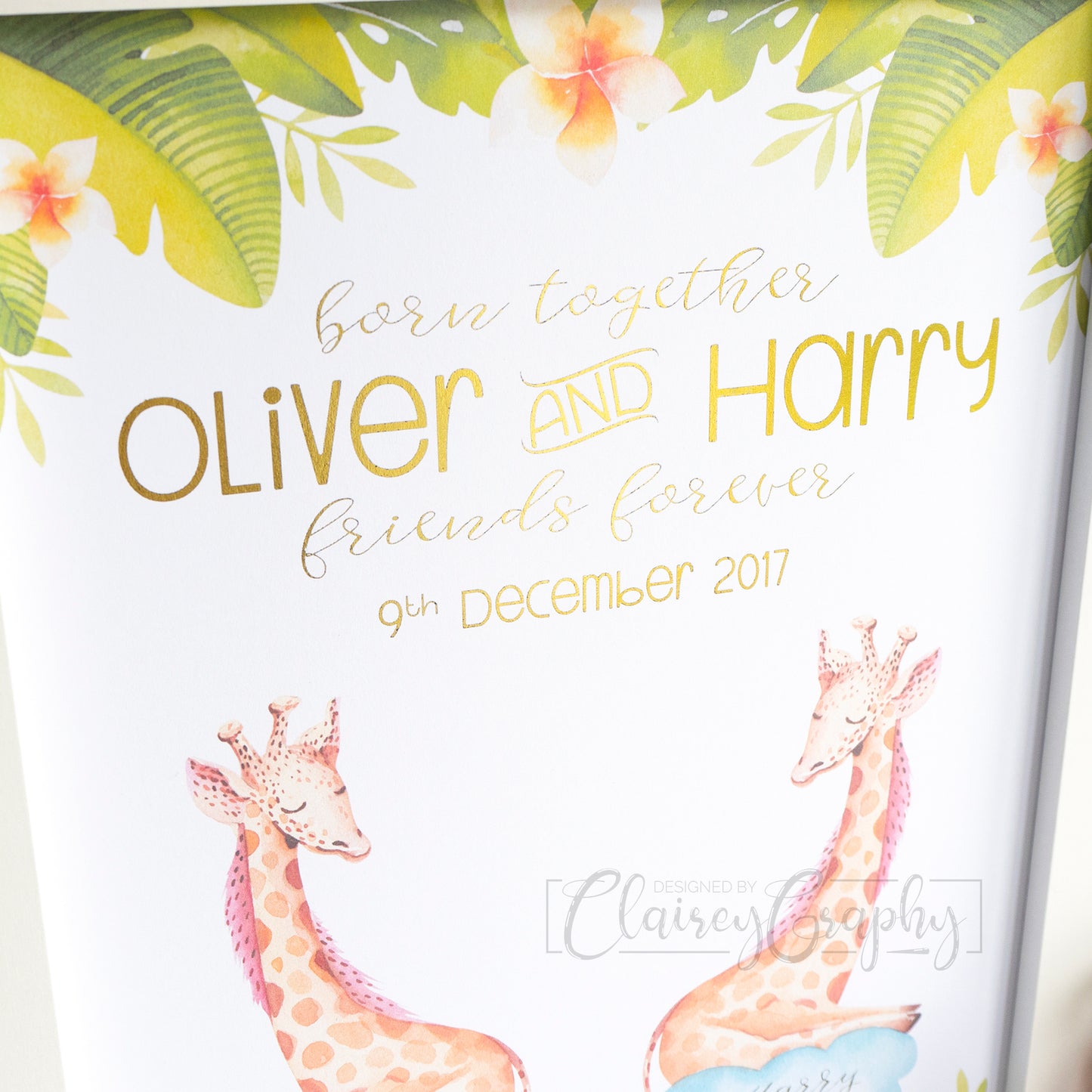 Jungle Nursery Giraffe - Gold, detail. Personalised handmade foil print by ClaireyGraphy, printed by Bright Bear Designs