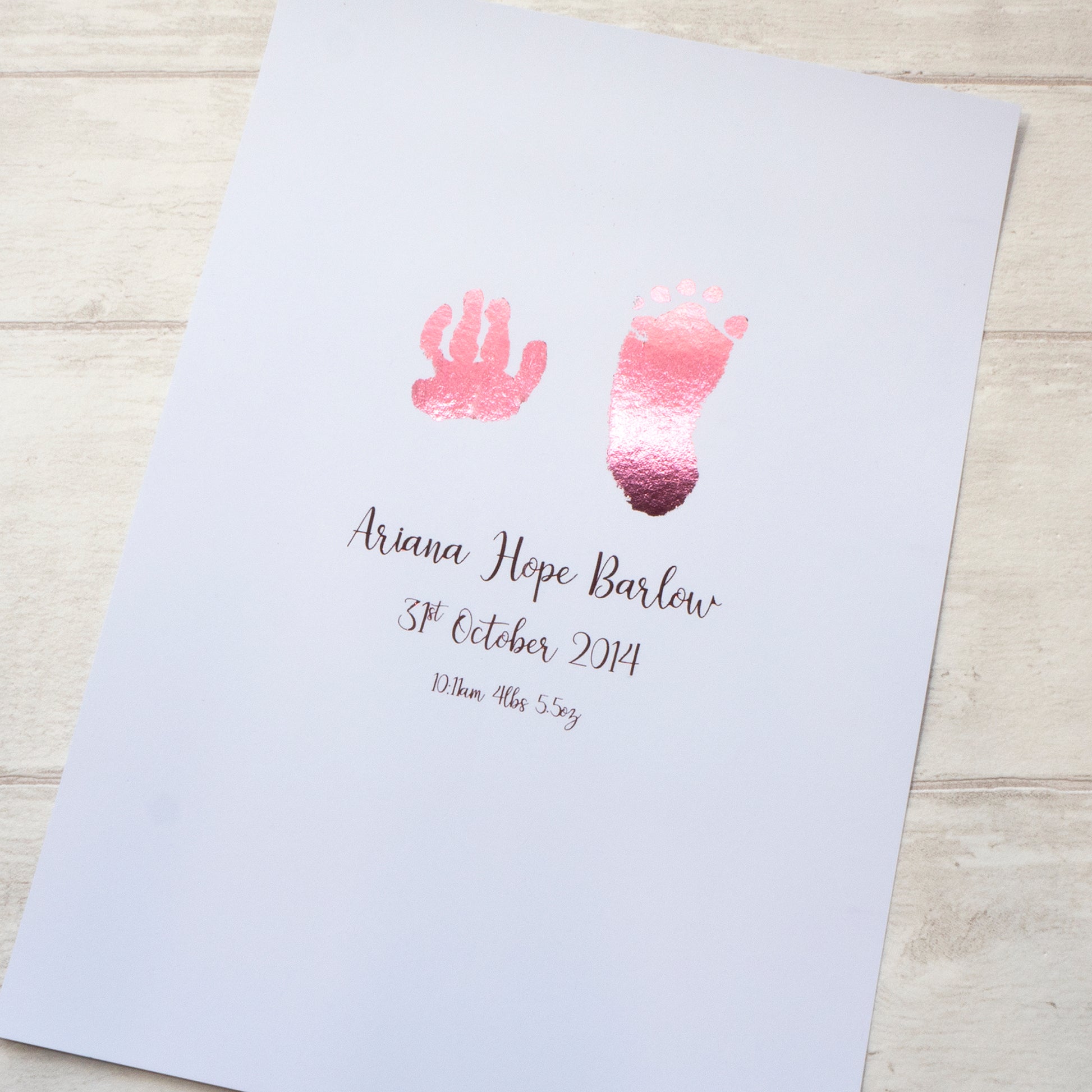 Personalised Hand & Footprints Foiled Print - Pink, unframed. Handmade, customised foil print by Bright Bear Designs