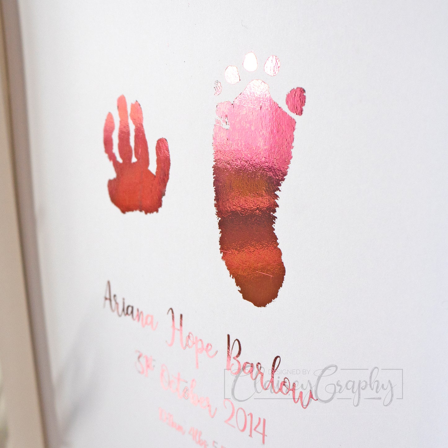 Personalised Hand & Footprints Foiled Print - Pink, side view. Handmade, customised foil print by ClaireyGraphy, printed by Bright Bear Designs