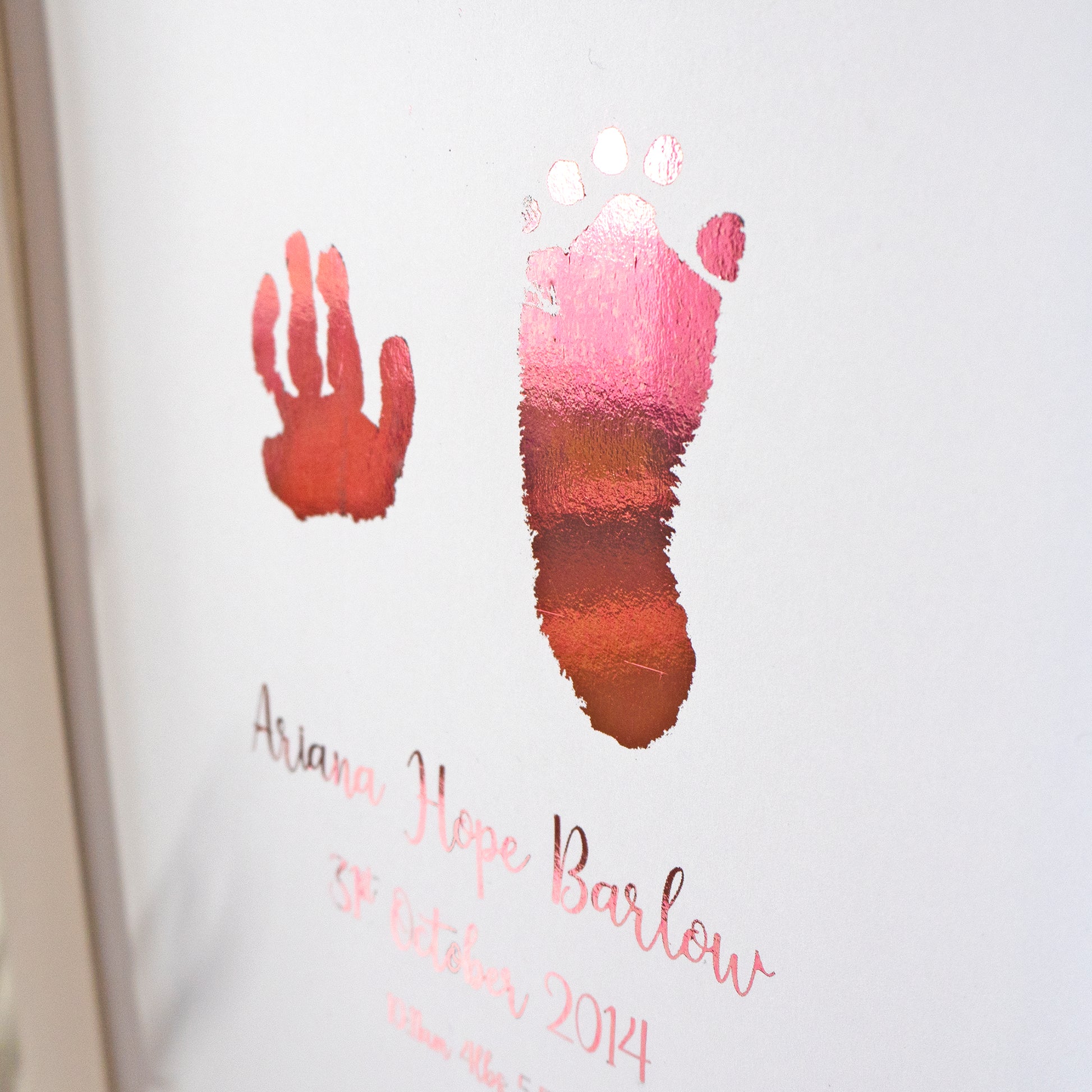 Personalised Hand & Footprints Foiled Print - Pink, side view.  Handmade, customised foil print by Bright Bear Designs