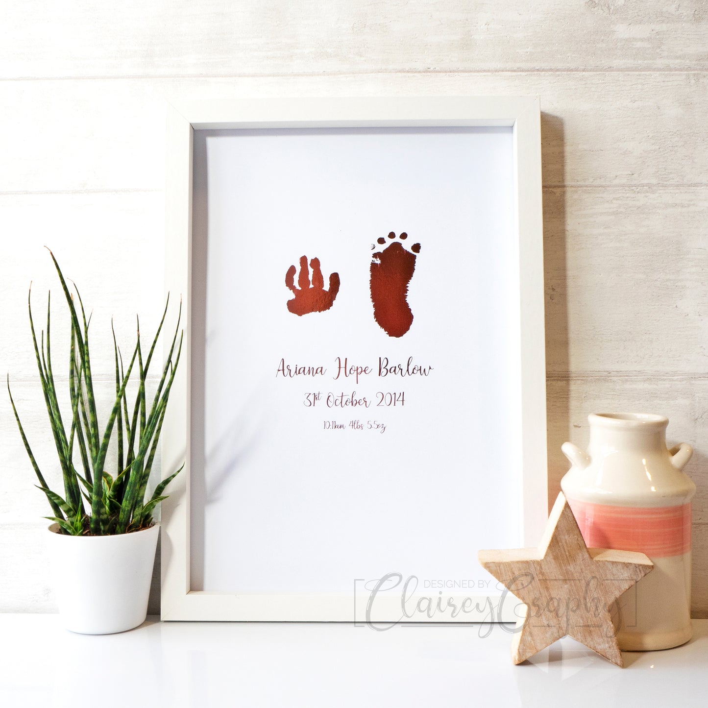 Personalised Hand & Footprints Foiled Print - Pink. Handmade, customised foil print by ClaireyGraphy, printed by Bright Bear Designs