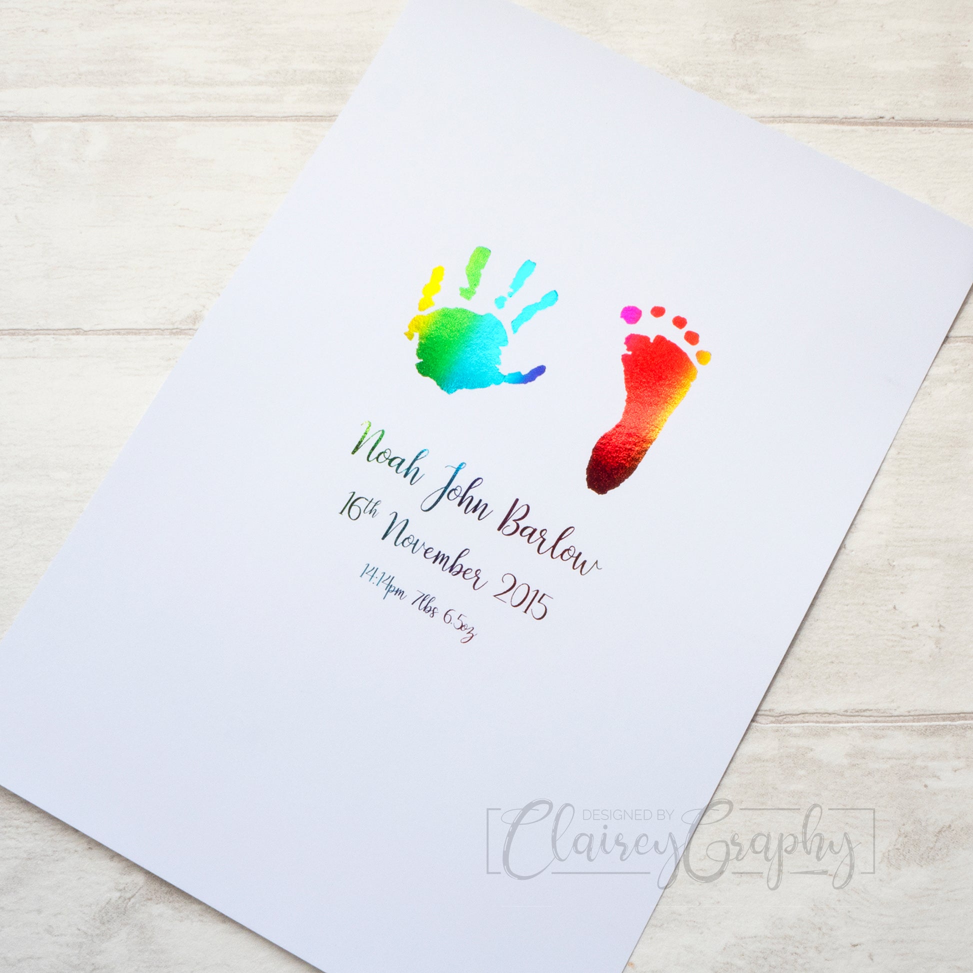 Personalised Hand & Footprints Foiled Print - Rainbow, unframed flat lay. Handmade, customised foil print by ClaireyGraphy, printed by Bright Bear Designs