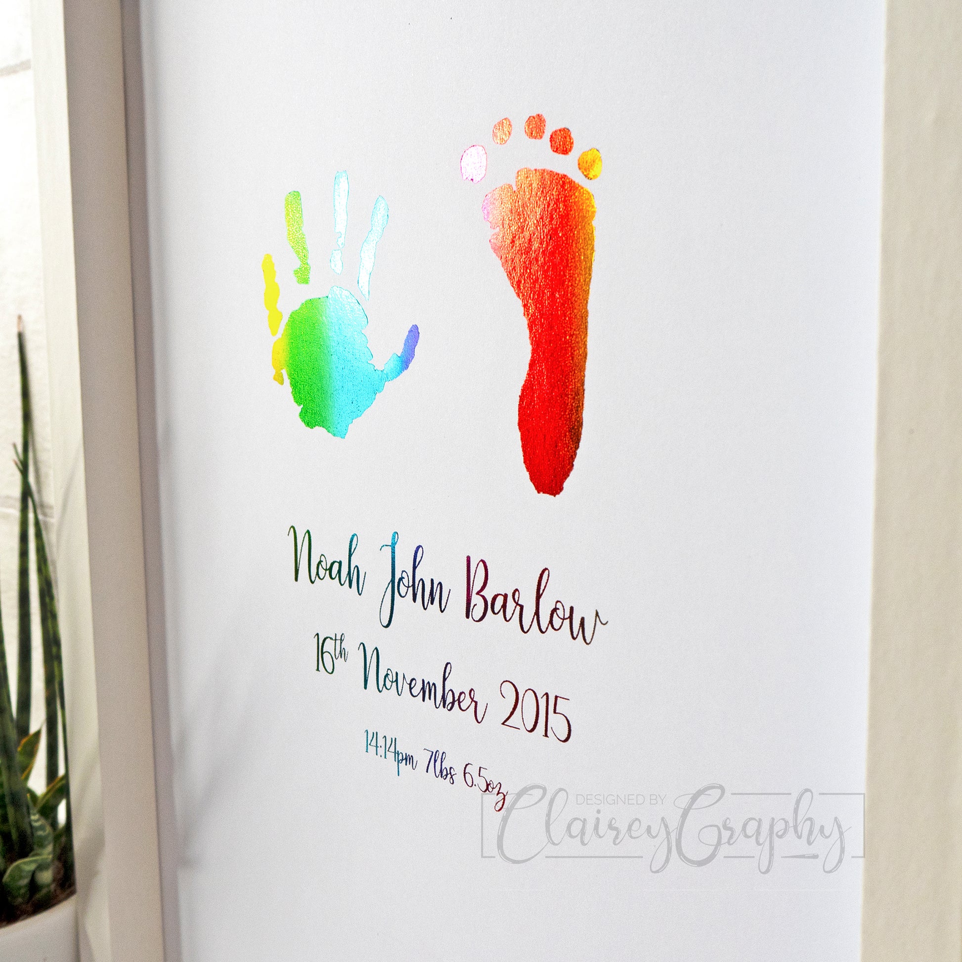 Personalised Hand & Footprints Foiled Print - Rainbow, side view. Handmade, customised foil print by ClaireyGraphy, printed by Bright Bear Designs