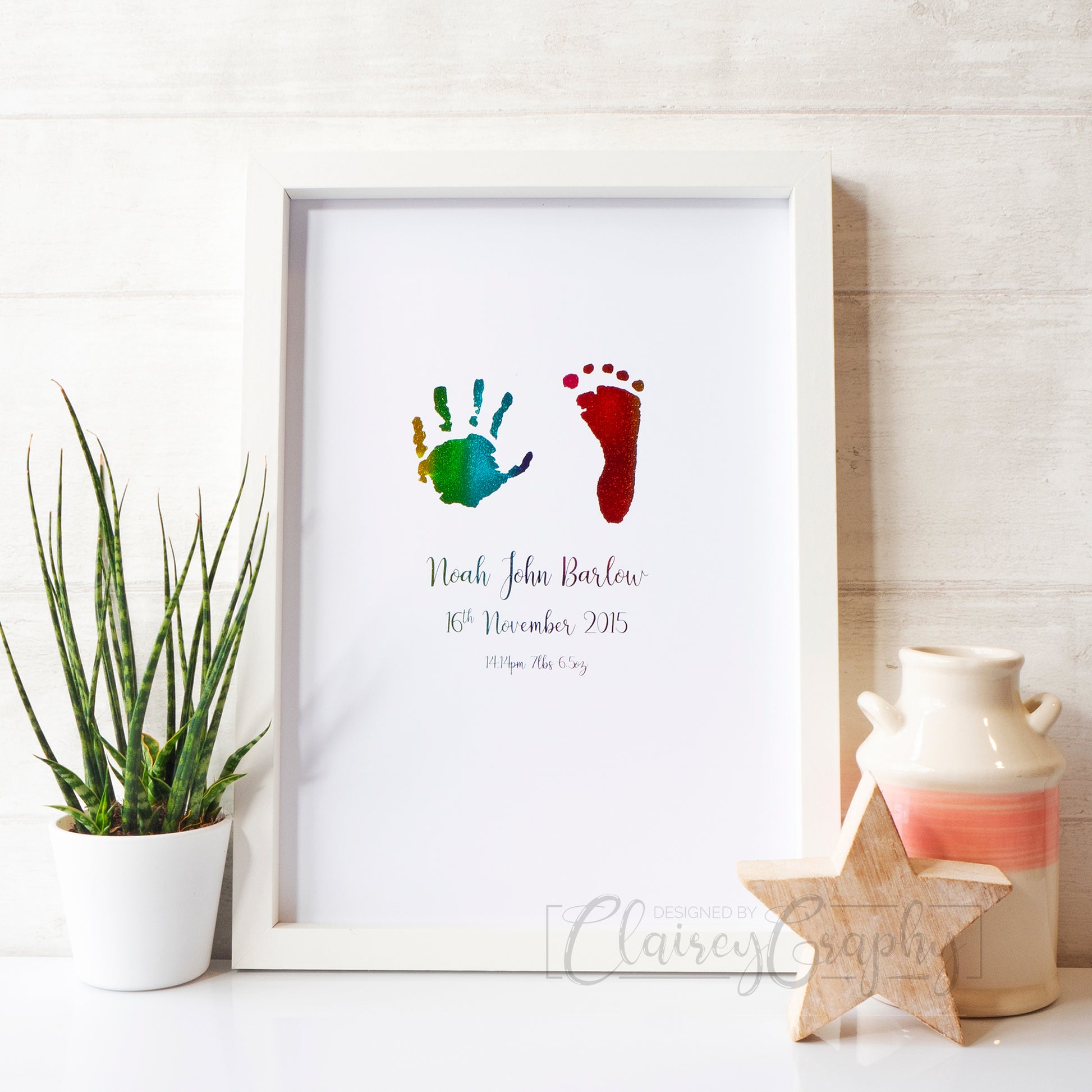 Personalised Hand & Footprints Foiled Print - Rainbow. Handmade, customised foil print by ClaireyGraphy, printed by Bright Bear Designs