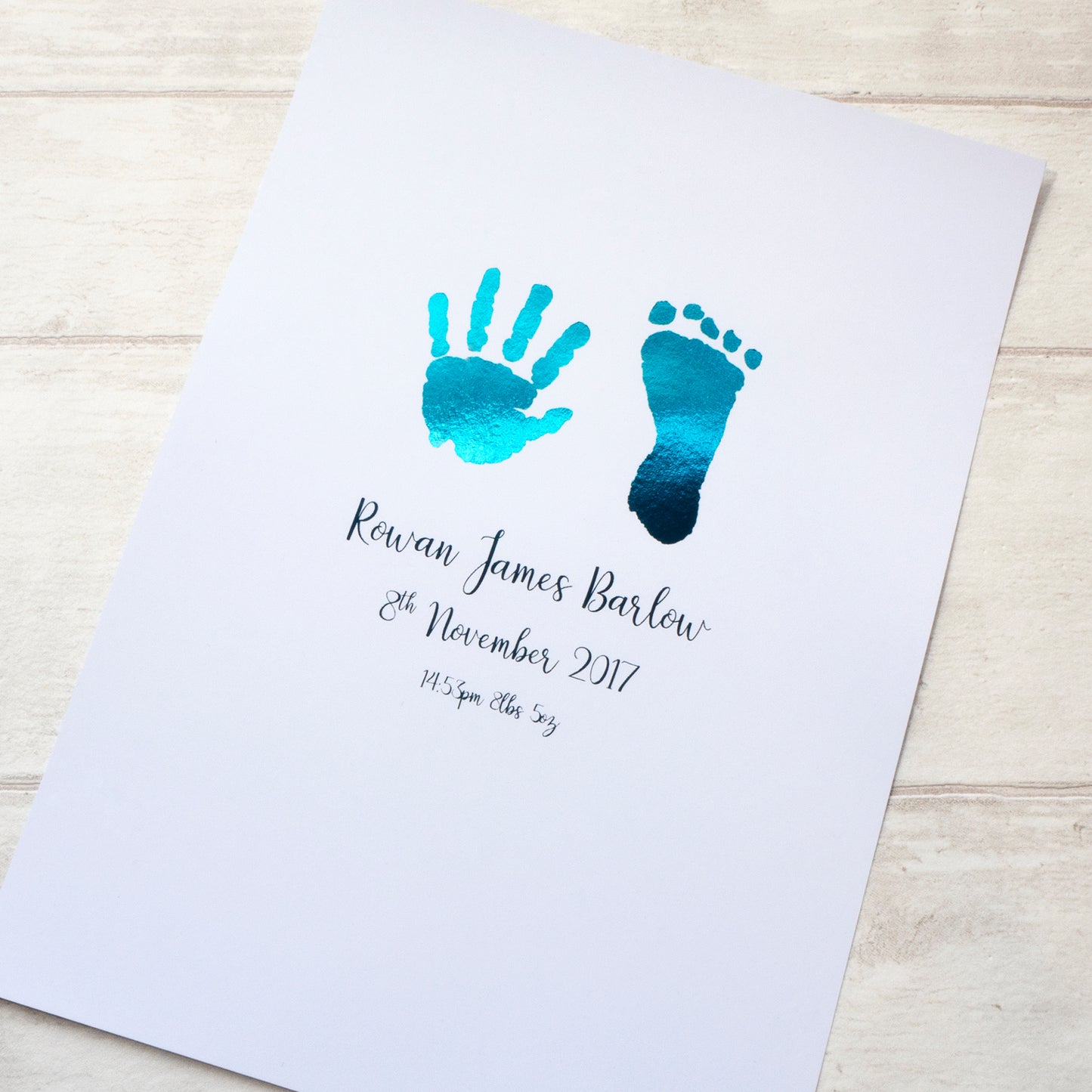 Personalised Hand & Footprints Foiled Print - Teal, unframed. Handmade, customised foil print by Bright Bear Designs