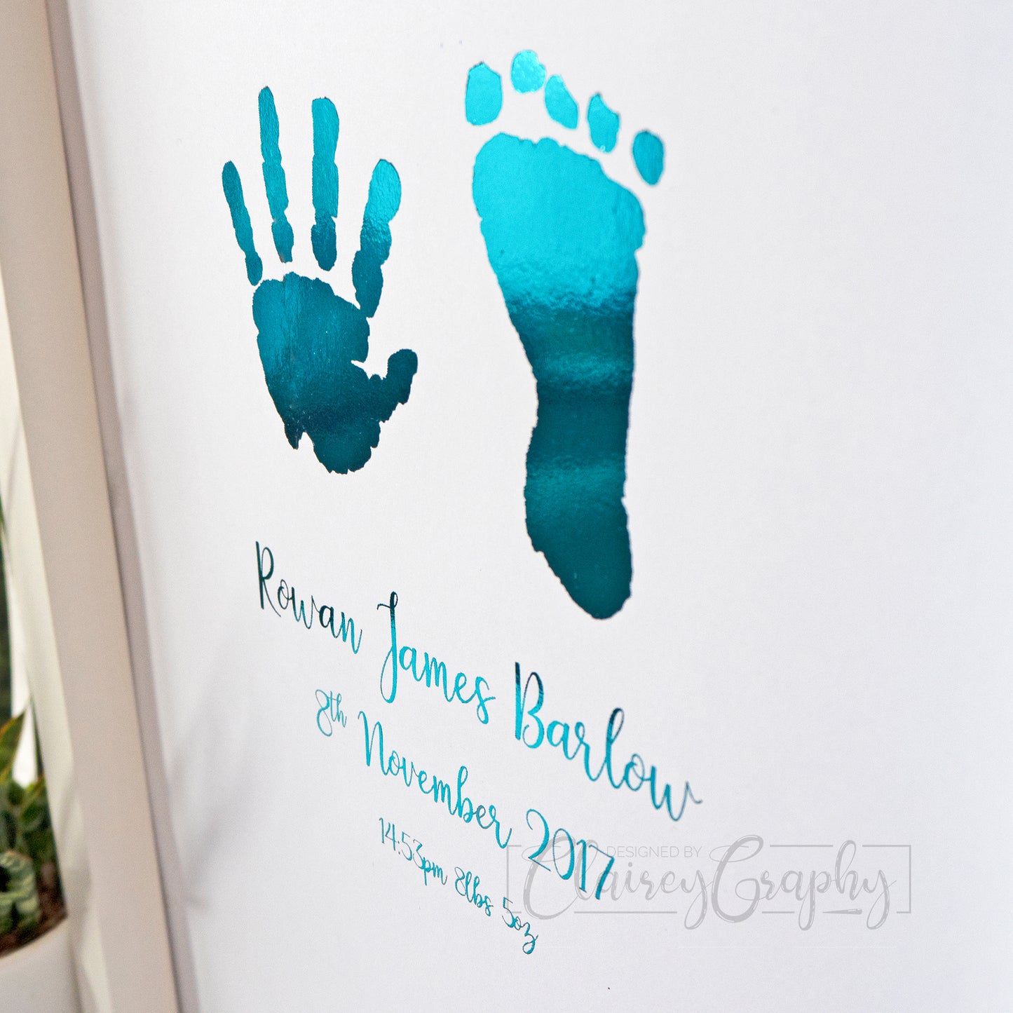 Personalised Hand & Footprints Foiled Print - Teal, side view. Handmade, customised foil print by ClaireyGraphy, printed by Bright Bear Designs