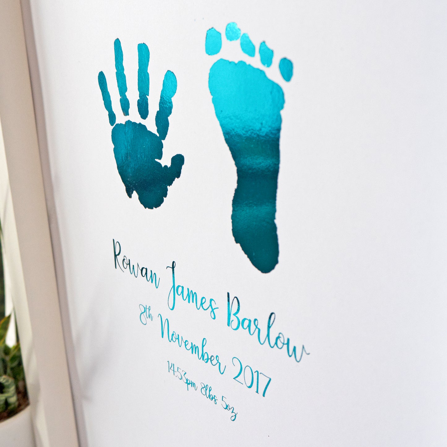 Personalised Hand & Footprints Foiled Print - Teal, side view.  Handmade, customised foil print by Bright Bear Designs