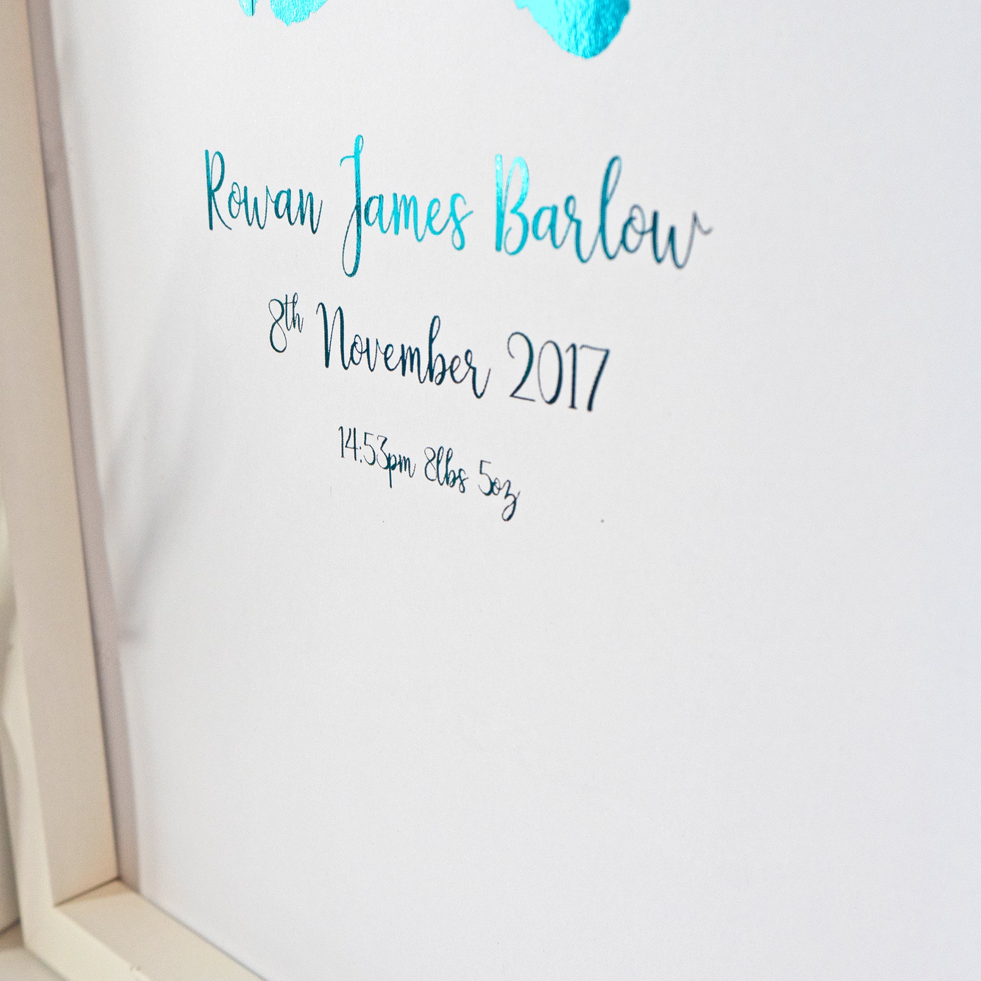 Personalised Hand & Footprints Foiled Print - Teal, close up.  Handmade, customised foil print by Bright Bear Designs