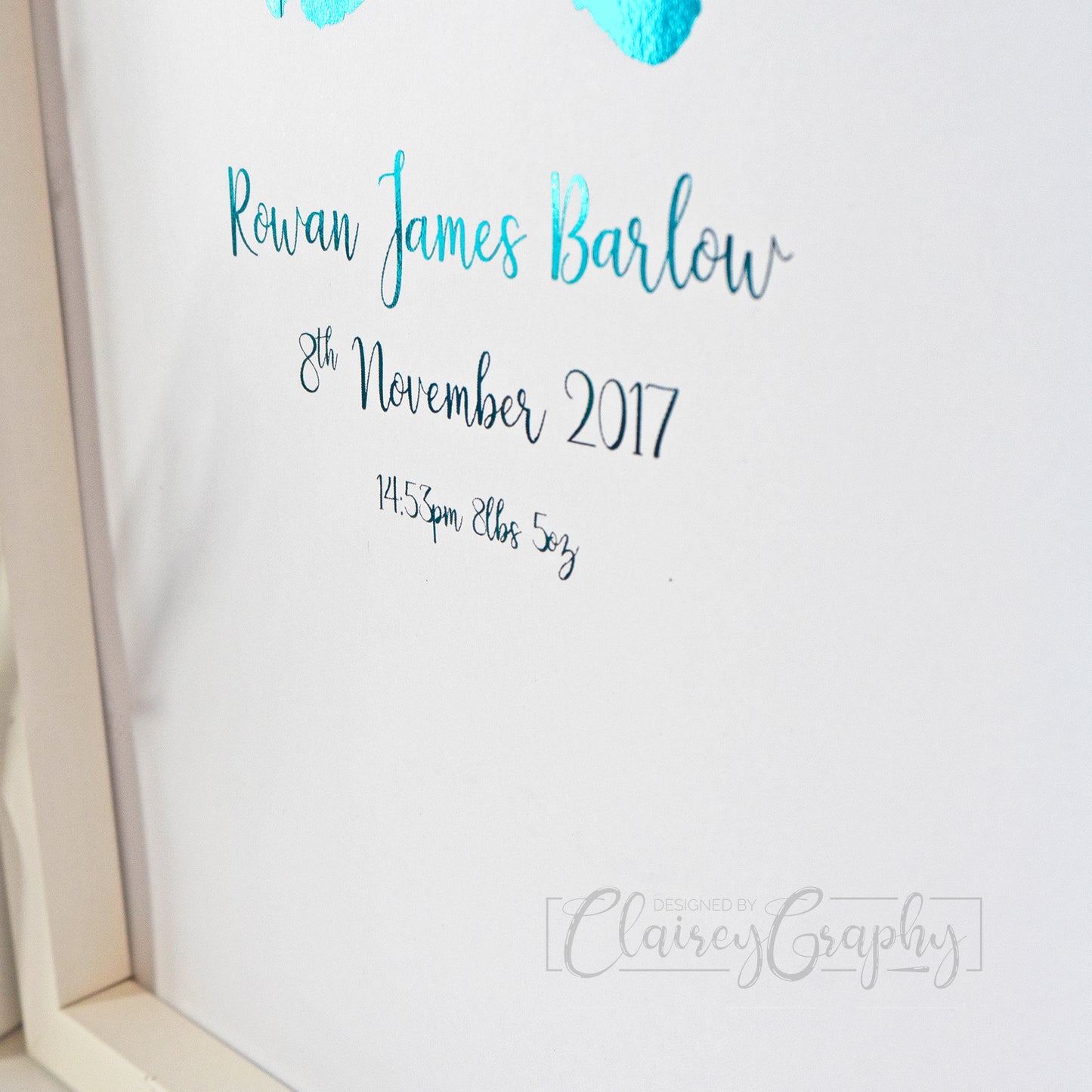 Personalised Hand & Footprints Foiled Print - Teal, text detail. Handmade, customised foil print by ClaireyGraphy, printed by Bright Bear Designs