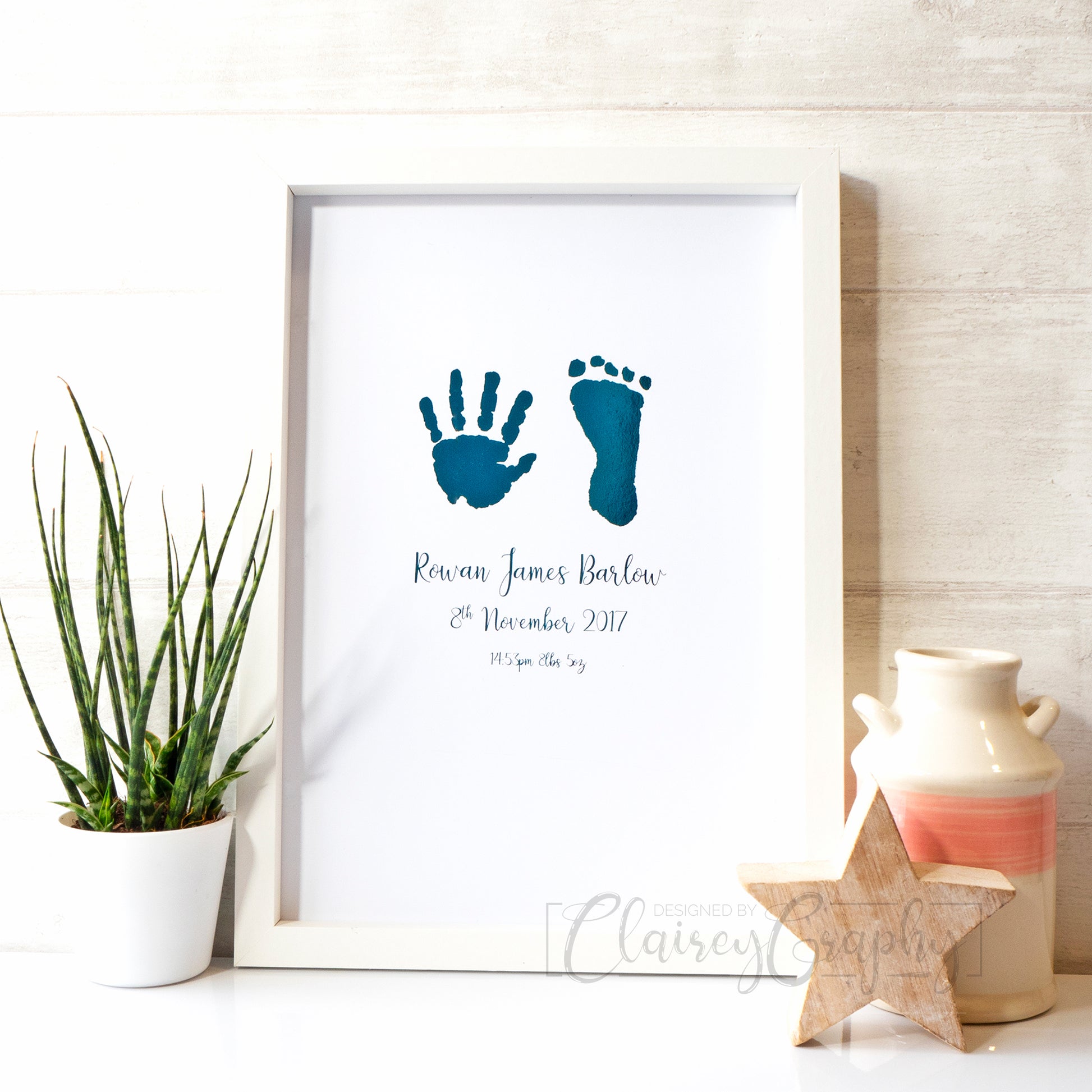 Personalised Hand & Footprints Foiled Print - Teal. Handmade, customised foil print by ClaireyGraphy, printed by Bright Bear Designs