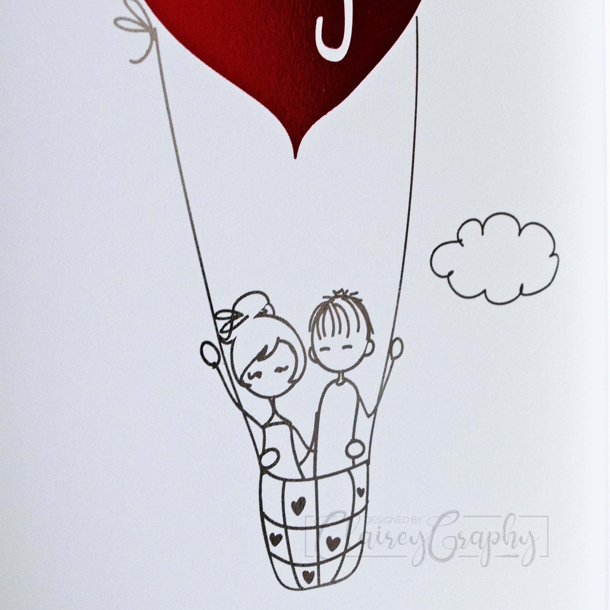 Personalised Heart Air Balloon - silver & red foil, couple detail. Custom handmade foil print by ClaireyGraphy, printed byBright Bear Design