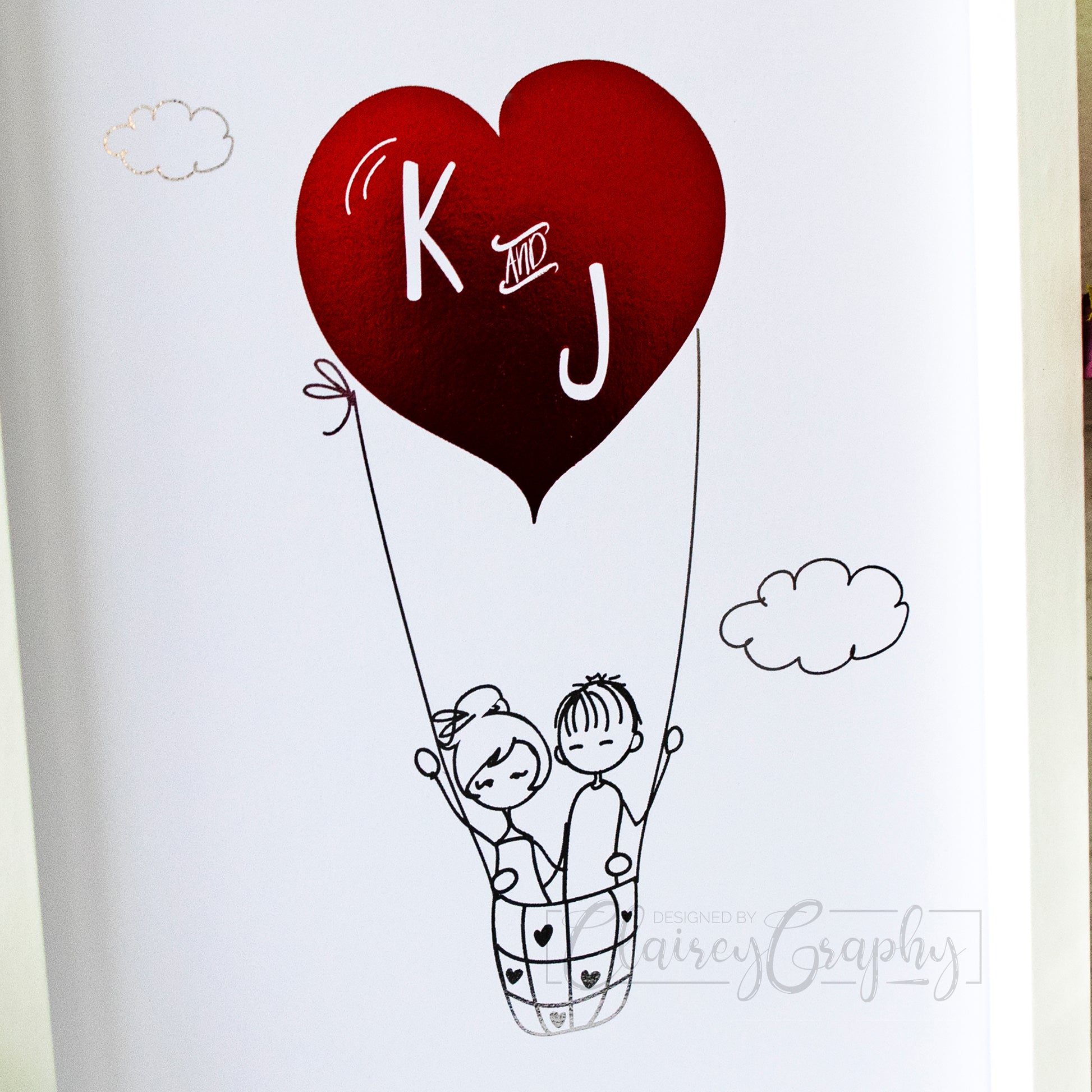 Personalised Heart Air Balloon - silver & red foil, detail. Custom handmade foil print by ClaireyGraphy, printed byBright Bear Design