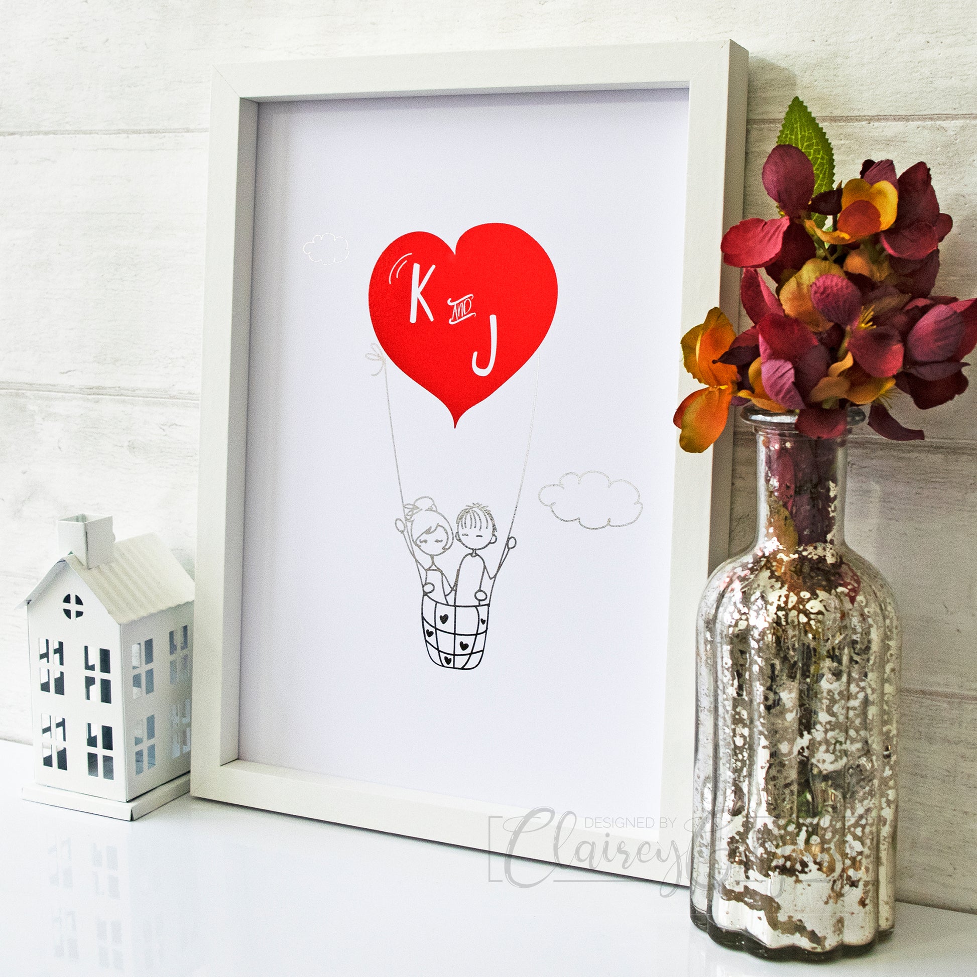 Personalised Heart Air Balloon - silver & red foil, side view. Custom handmade foil print by ClaireyGraphy, printed byBright Bear Design