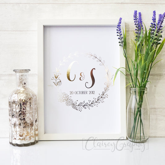 Personalised Initials In Linear Floral Wreath - silver foil. Personalised custom handmade foil print by ClaireyGraphy, printed by Bright Bear Designs