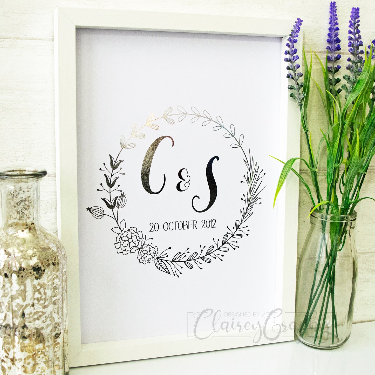 Personalised Initials In Linear Floral Wreath - silver foil, side angle. Personalised custom handmade foil print by ClaireyGraphy, printed by Bright Bear Designs