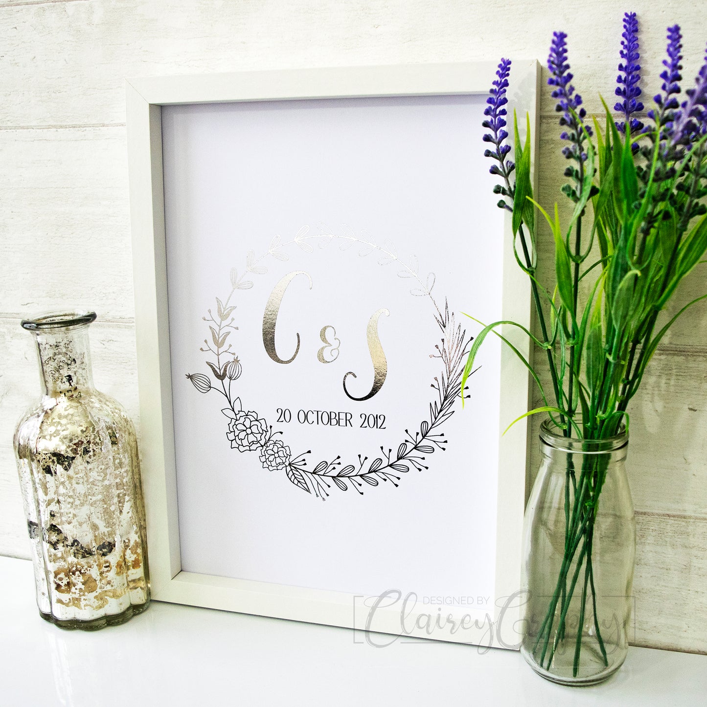 Personalised Initials In Linear Floral Wreath - silver foil, side view. Personalised custom handmade foil print by ClaireyGraphy, printed by Bright Bear Designs