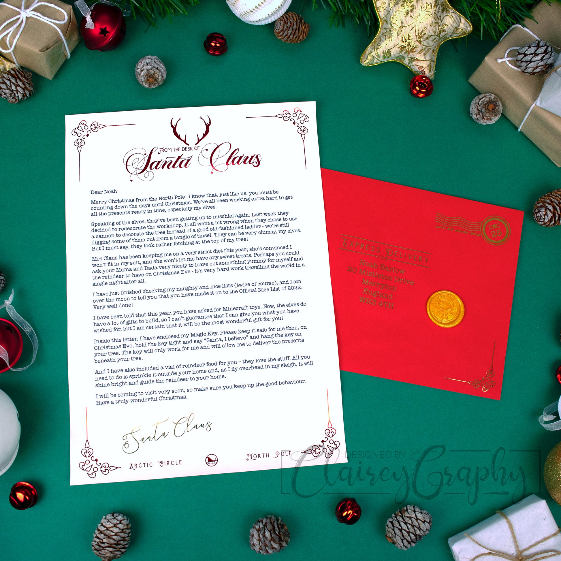 Personalised Letter from Santa. Printed on smooth ivory card stock and foiled in a stunning red and gold, each letter is personalised to the child/children. Comes in a personalised bright red envelope, foiled in gold and sealed with a golden reindeer seal.