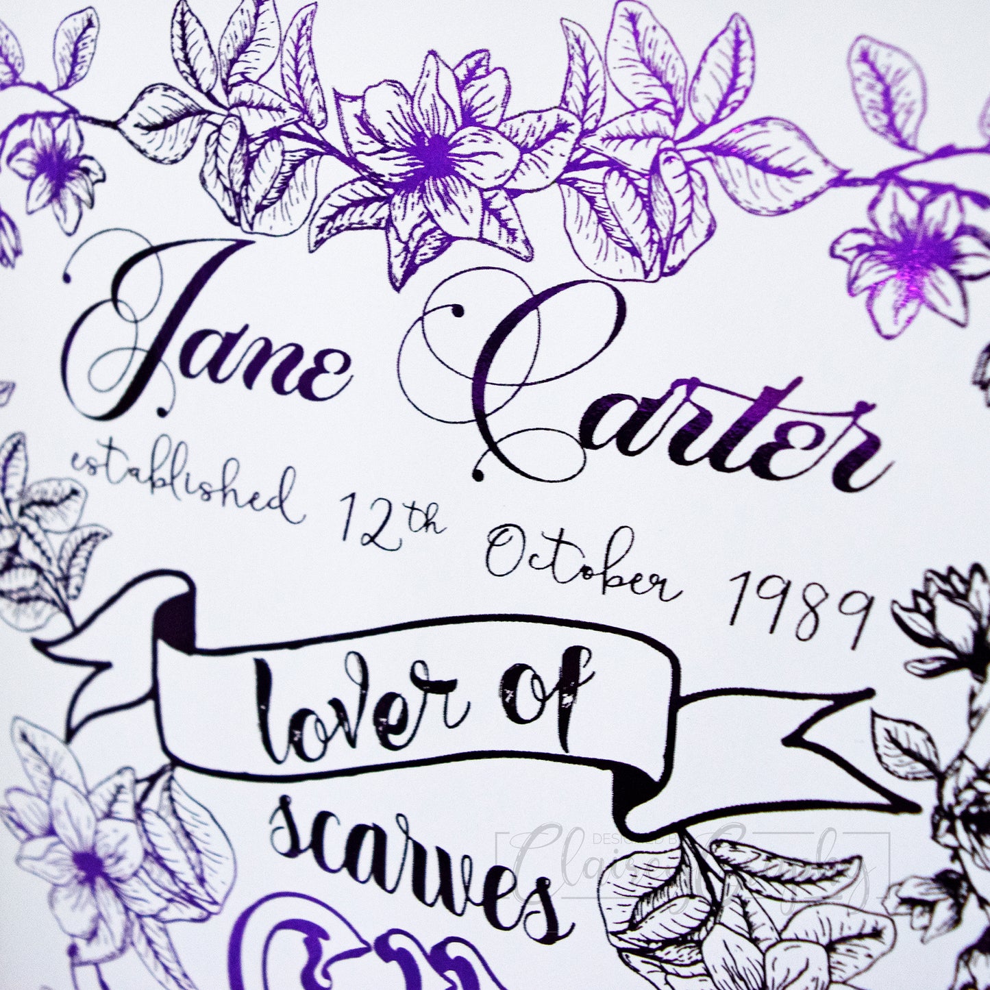 Personalised Lover of Floral Print - purple, name detail. Personalised custom handmade foil print by ClaireyGraphy, printed by Bright Bear Designs