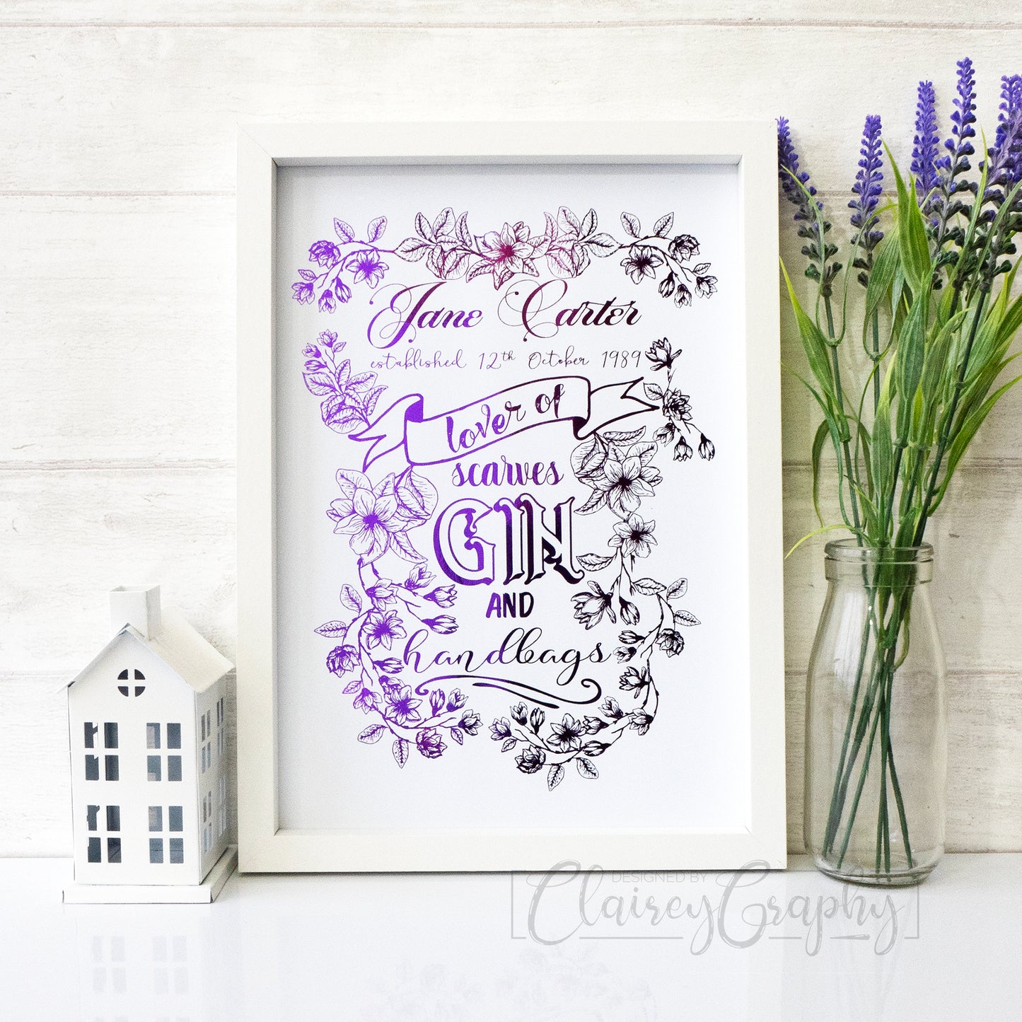 Personalised Lover of Floral Print - purple. Personalised custom handmade foil print by ClaireyGraphy, printed by Bright Bear Designs