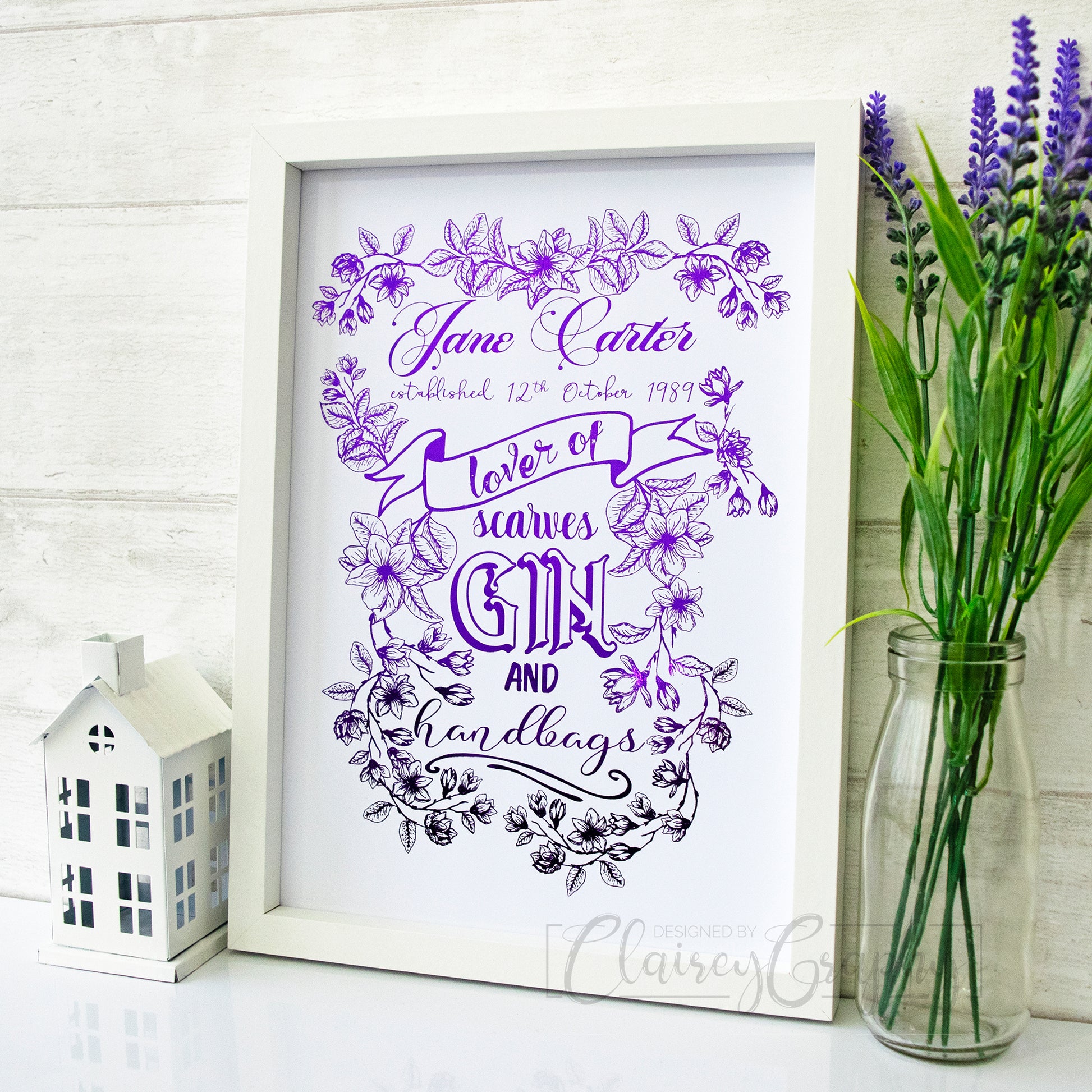 Personalised Lover of Floral Print - purple, side view. Personalised custom handmade foil print by ClaireyGraphy, printed by Bright Bear Designs