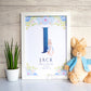 Personalised Peter Rabbit Initial Print - blue. Handmade, customised foil print by ClaireyGraphy, printed by Bright Bear Designs