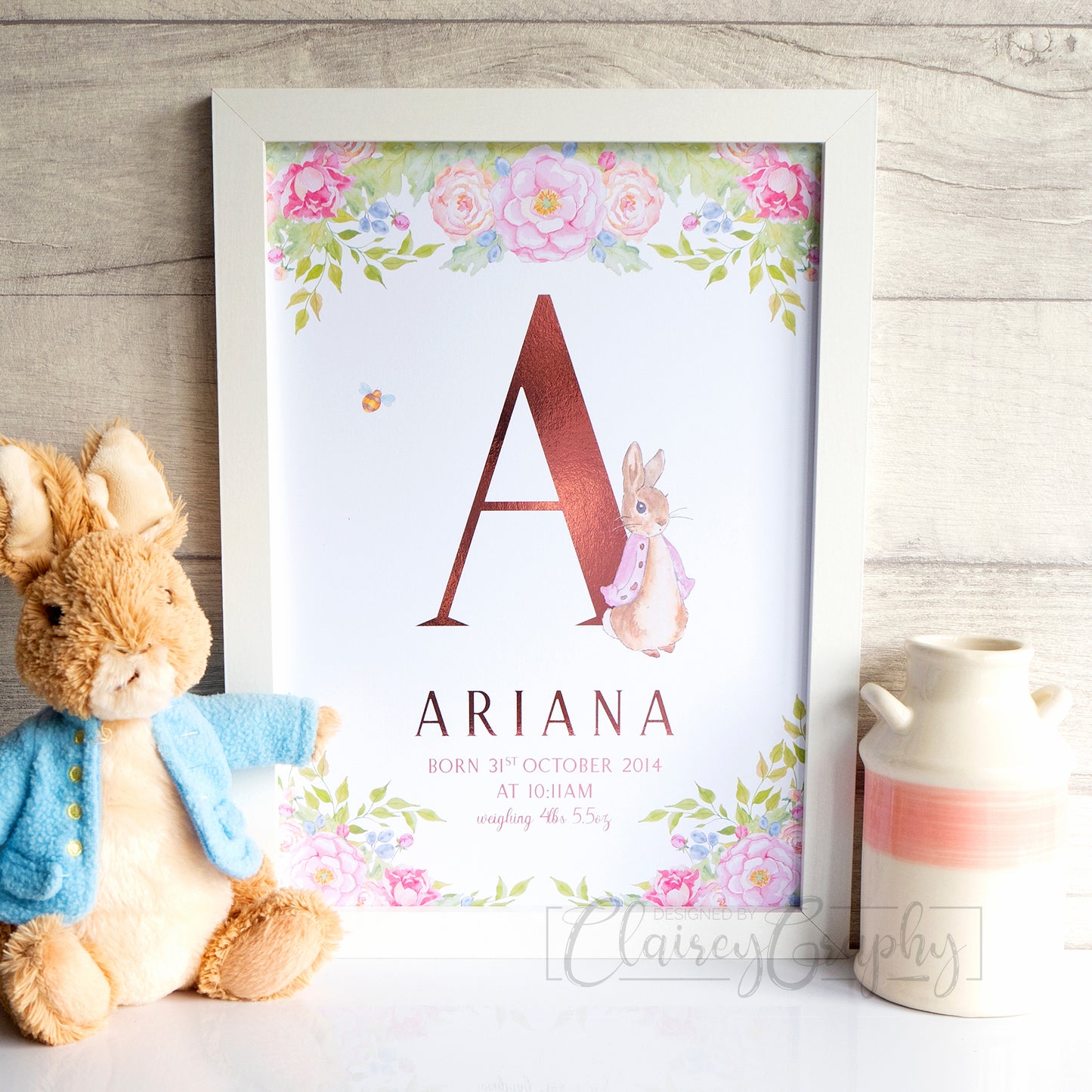 Personalised Peter Rabbit Initial Print - pink. Handmade, customised foil print by ClaireyGraphy, printed by Bright Bear Designs